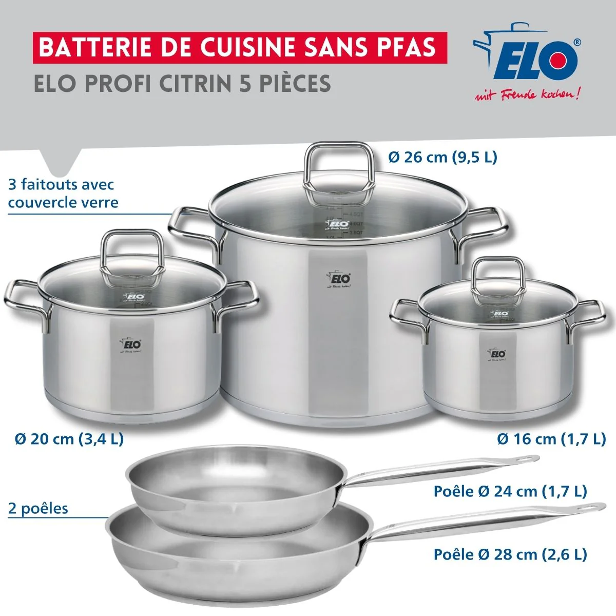 Ensemble de 2 Poêles de cuisson 24 et 28 cm et 3 faitouts 16, 20 et 26 cm Elo Profi Citrin Elo