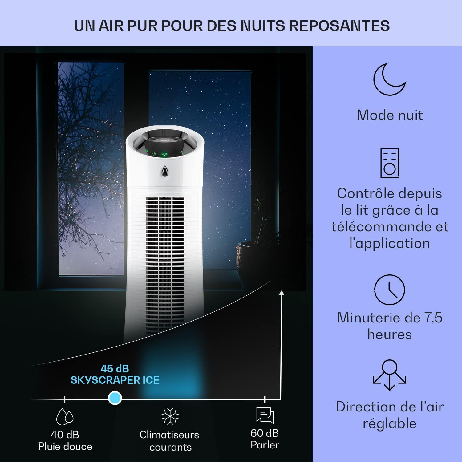 Klarstein Rafraichisseur d'Air Mobile 5 en 1, par Evaporation avec Humidificateur, Ventilateur, Ioniseur, Climatiseur Mobile Sans Évacuation, Mode Nuit, 45W, Débit d'Air de 180m³/h