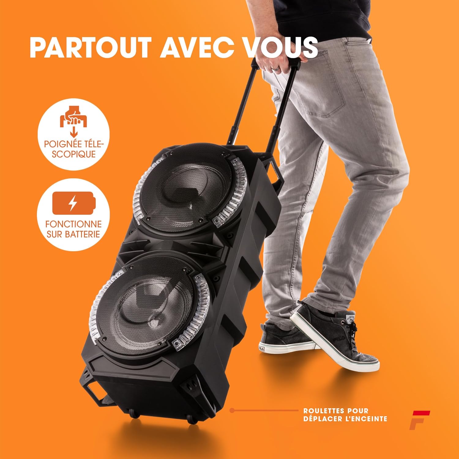 Fenton LIVE280 Enceinte Karaoke LED 2X 8”, 900W Max, 2 Microphones, Trolley et roulettes, Eclairage LED en Façade on/Off, USB et Micro SD, AUX, Connexion Bluetooth 5.0, sur Batterie ou Secteur