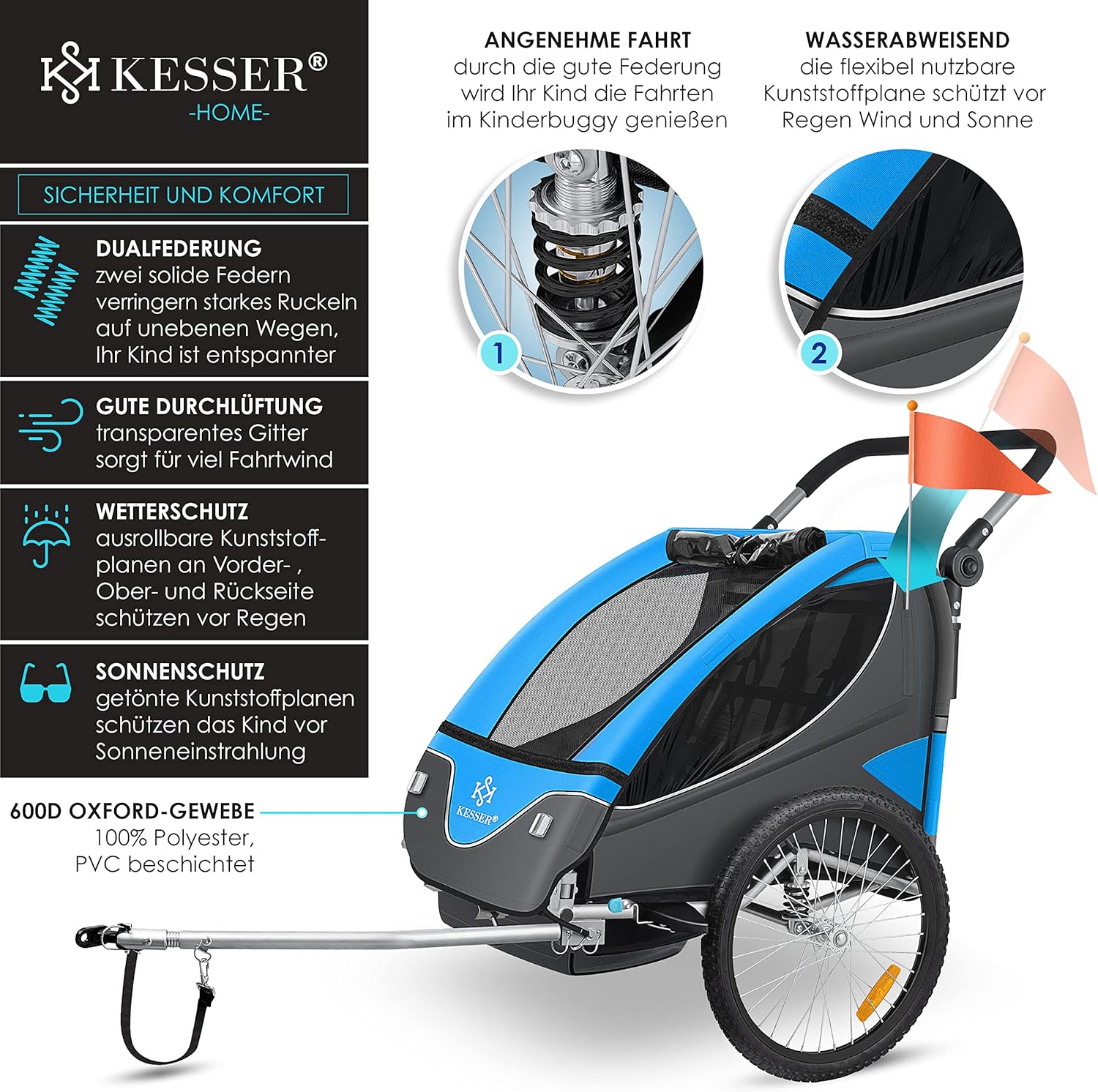 KESSER® Remorque de vélo pour enfant - Rotation à 360° - Avec suspension 2 en 1 - Fonction jogger - Remorque de vélo pour enfant - Sangle à 5 points - Pour 1 à 2 enfants - 40 kg