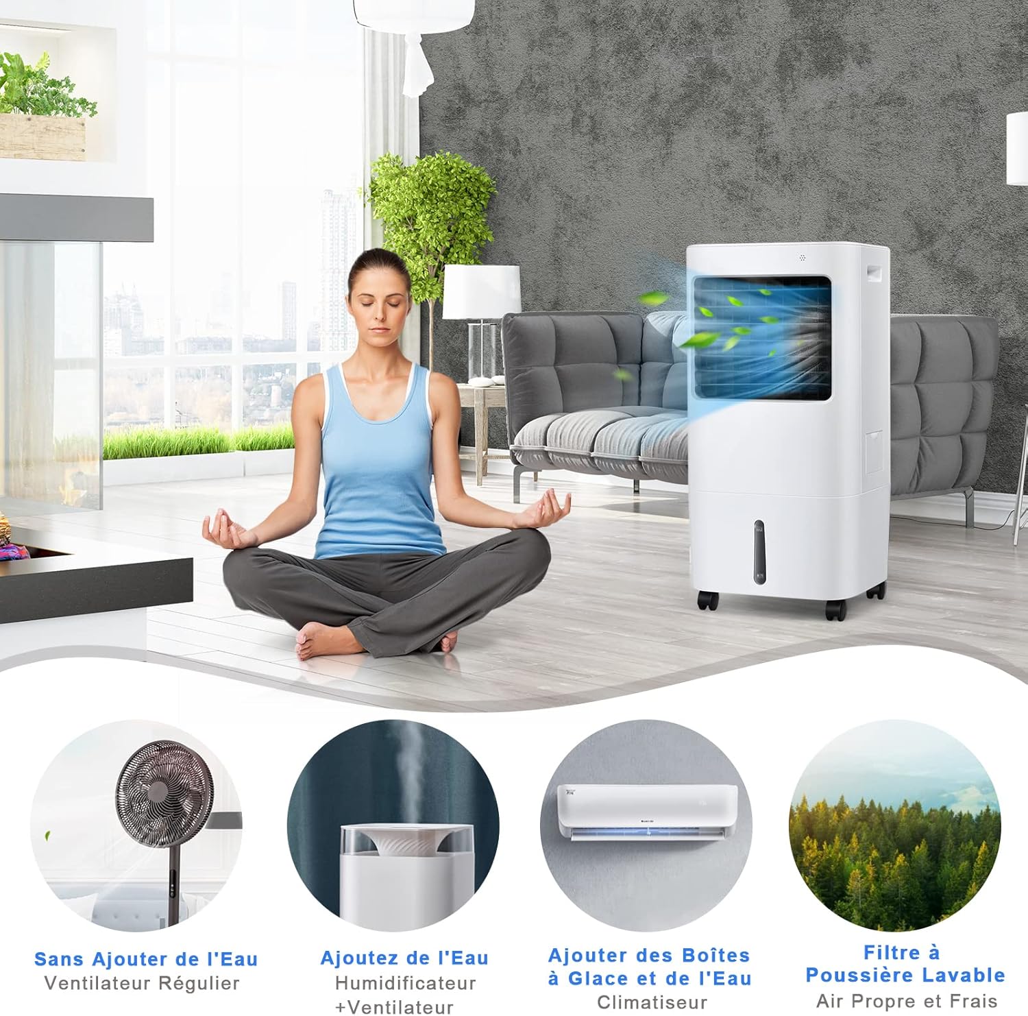 RELAX4LIFE Rafraîchisseur d’Air Mobile avec Humidificateur et Purificateur, 3 Mode de Vitesse, Climatiseur avec Réservoir d'Eau 8L et Filtre Amovible et Lavable pour Chambre, Bureau, Salon