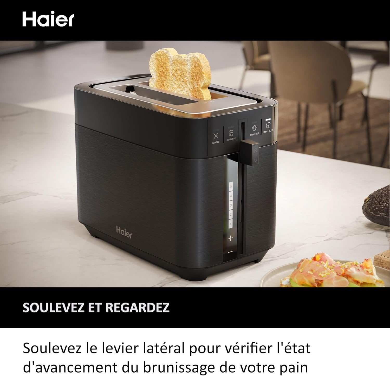 Pack Petit Déjeuner Grille-Pain Toaster+Bouilloire Haier I-Master Série 5, Acier Inoxydable, Fentes Extra Profondes, 7 Niveaux de Brunissage, 7 Réglages de Température Fonction Maintien au Chaud