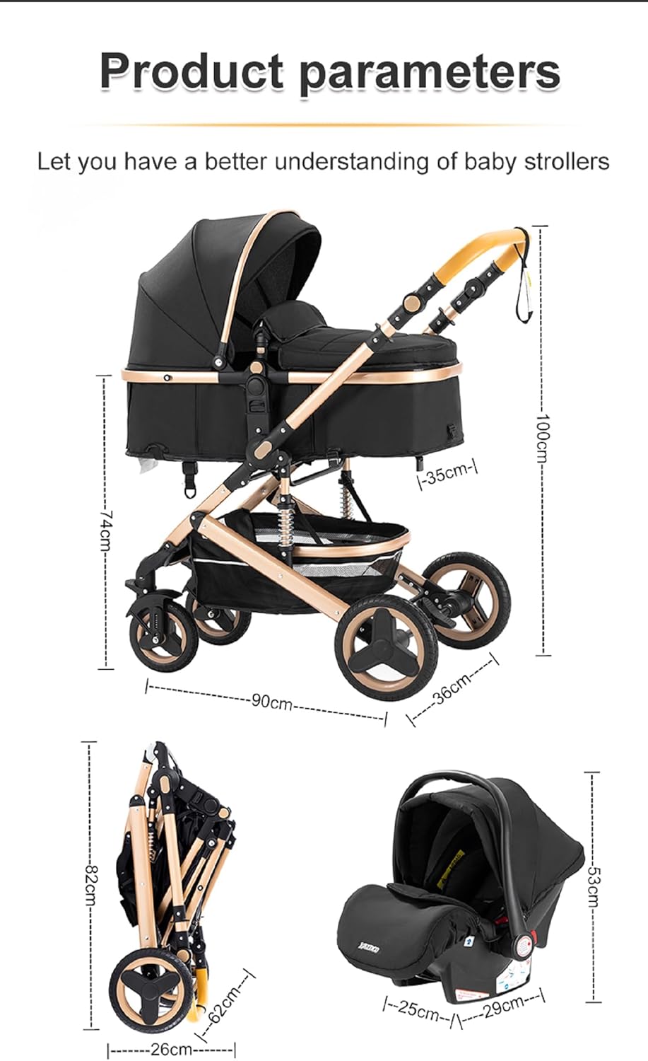 GLOKID Poussette 3 en 1, Poussettes Combinée Portable Pliant en Un Clic，Poussette Canne Poignée Réglable en Hauteur, Poussettes Combinée Paysage Haut Cadre en Aluminium (X1 NOIR)