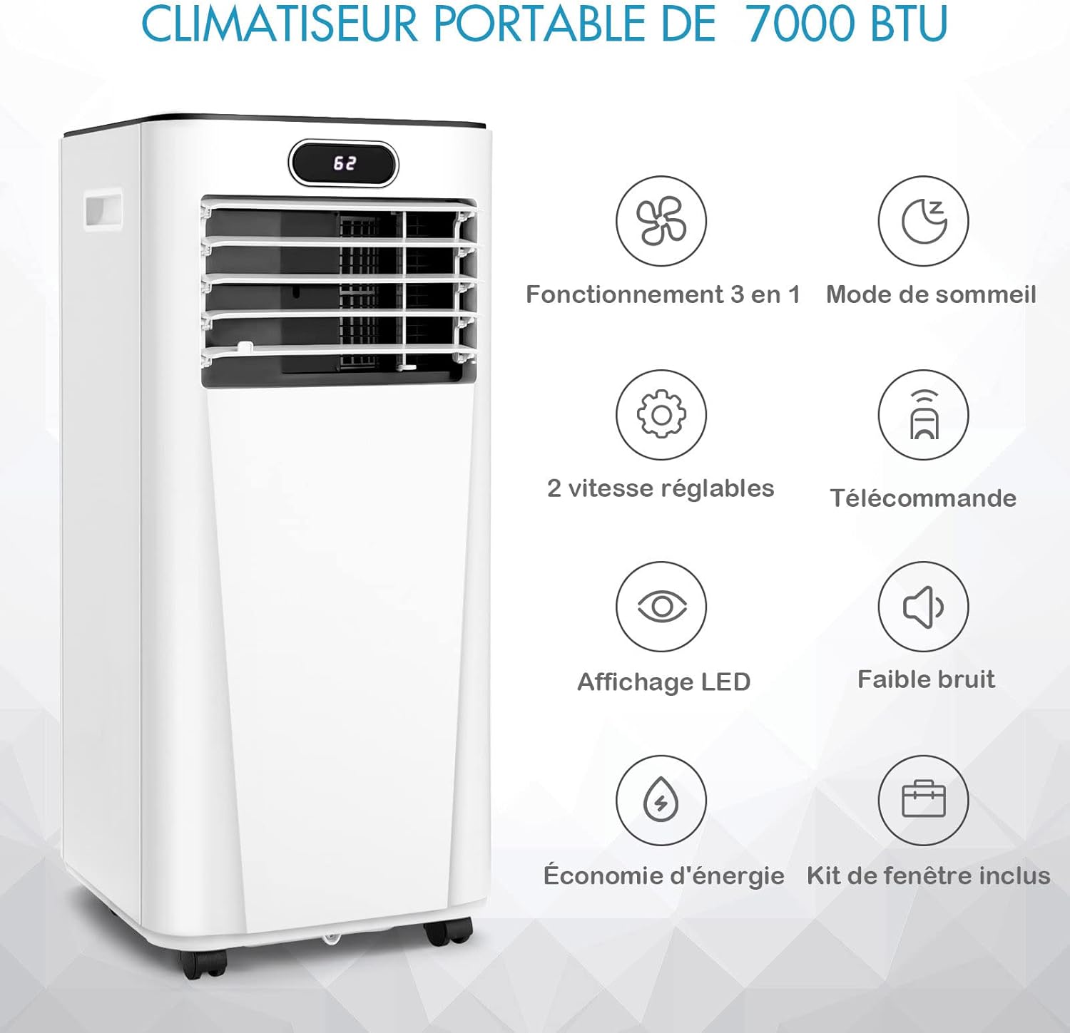 RELAX4LIFE Climatiseur Mobile Silencieux 9000BTU, Climatiseur Portable 4 en 1, Refroidisseur d'Air, Ventilateur, Déshumidificateur, Mode Nuit, 15-20㎡, Télécommande, Minuterie 24H, Classe Energie A