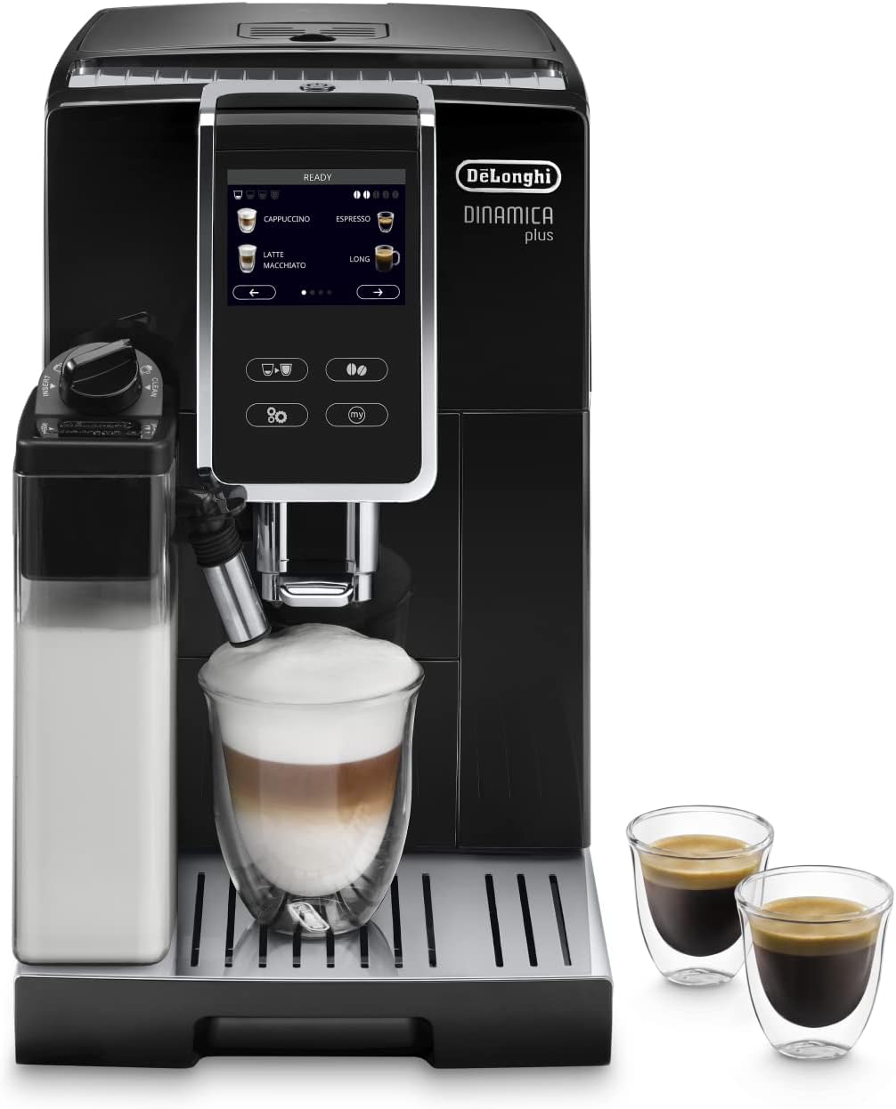 De'Longhi Dinamica Plus ECAM 370.70.B, Machine Expresso avec Broyeur, Système LatteCrema, Technologie Smart One Touch, Ecran Tactile Complet, Fonction My, 1.8l, Noir