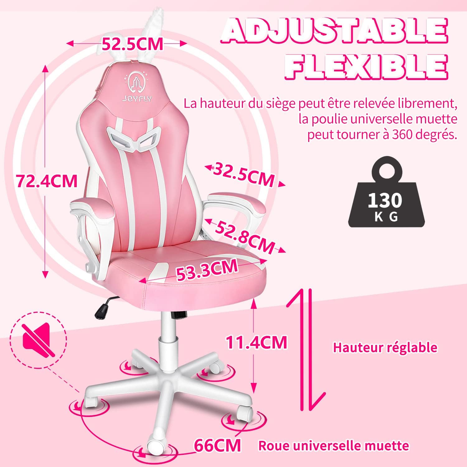 JOYFLY Chaise de Jeu Rose Ergonomique Kawaii Fauteuil Gaming avec Rabbit Ear Chaise de Bureau d'ordinateur Schreibtischstuhl avec Support Lombaire Filles(Rose)