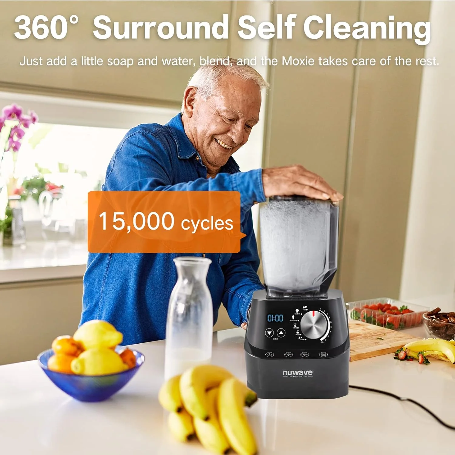 NuWave Moxie Commercial Blender, Smoothie Blender with 2.5HP Motor, Professional Grade, Self-Cleaning - 6 presets & 10 Speed Settings for Shakes, Smoothies, Nut Butters, Crushed Ice,Black, Grey