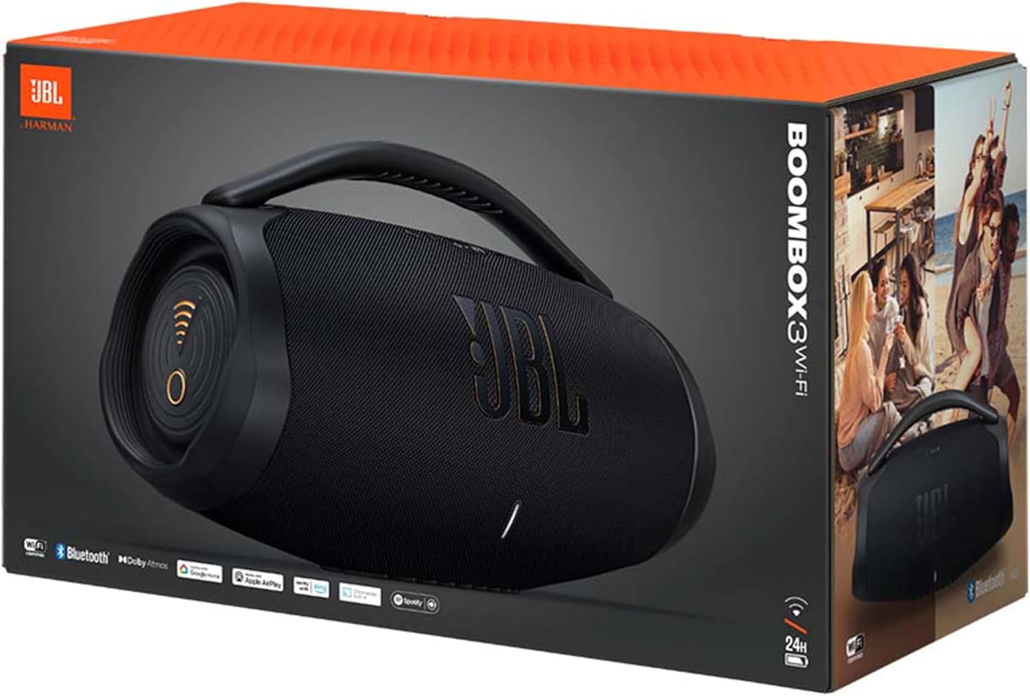 JBL Boombox 3 Wifi, Enceinte portable compatible avec Bluetooth et WiFi, Son JBL Original Pro et basses puissantes, étanche à l'eau et à la poussière, autonomie de 24h, Noire