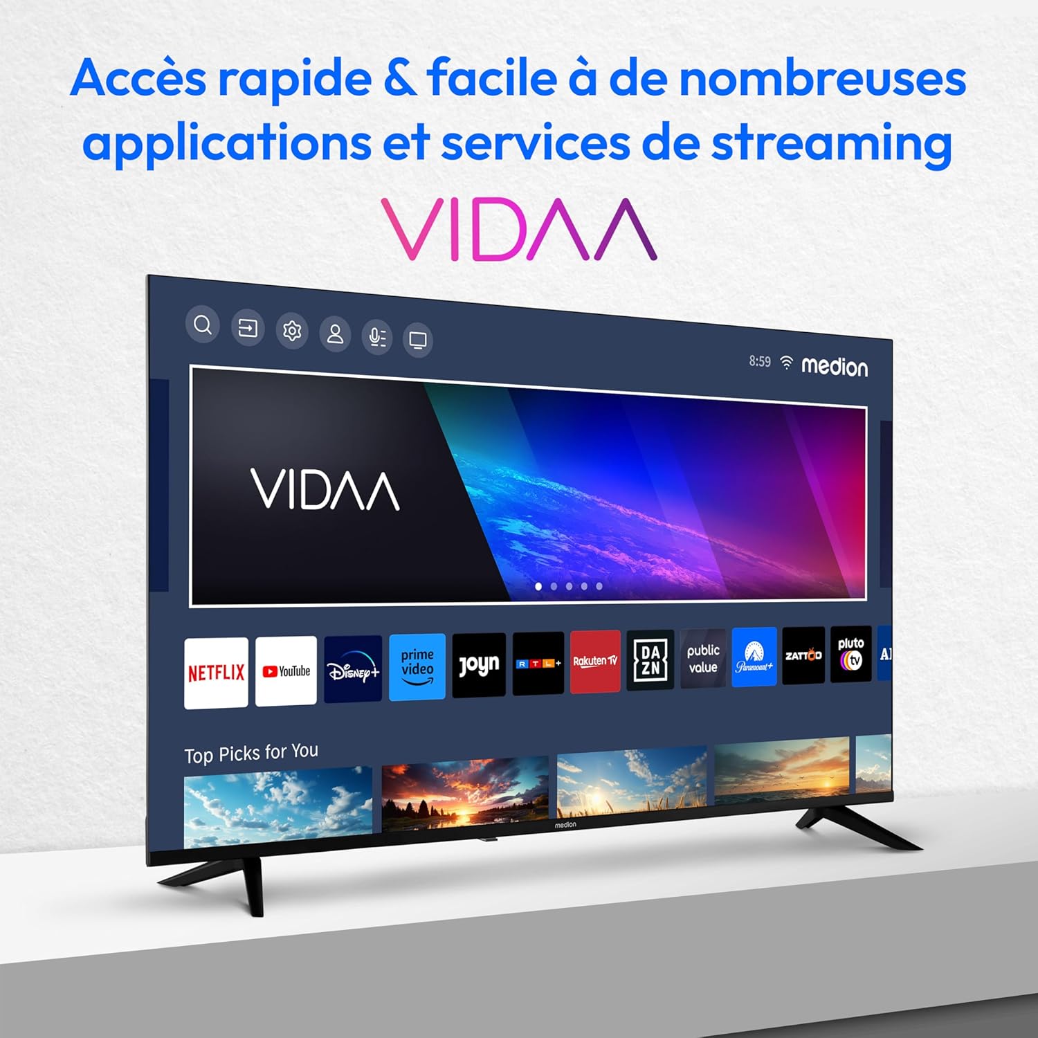 MEDION X14308 (MD 31640) Téléviseur 108 cm (43 Pouces) (Smart TV, 4K Ultra HD, HDR, VIDAA Store, Netflix, Prime Video, Disney+, DAZN, Paramount+, HbbTV, PVR, Bluetooth)