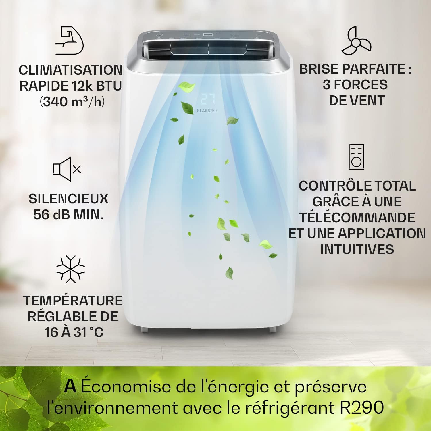 Klarstein Climatiseur Mobile Silencieux, Climatiseur 3 en 1, Mode Nuit, Déshumidificateur, Ventilateur, Mini Climatisation à Faible Conso, Evacuation, Clim Portable, Puissante, 12000 BTU, Climatiseurs