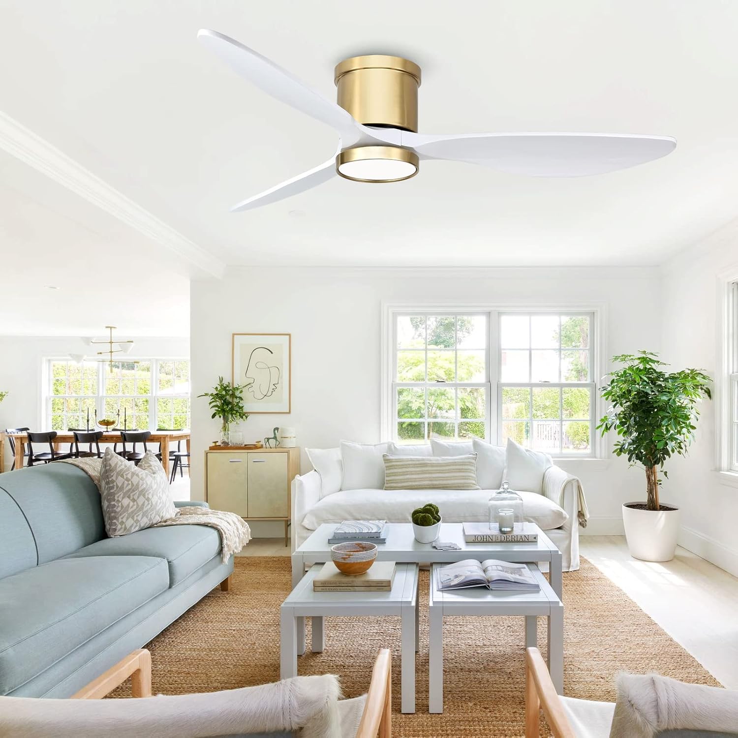 Ovlaim 132cm intérieur extérieur 3 pales hélice Smart ventilateur de plafond, Ventilateur de plafond en bois massif à moteur DC silencieux avect