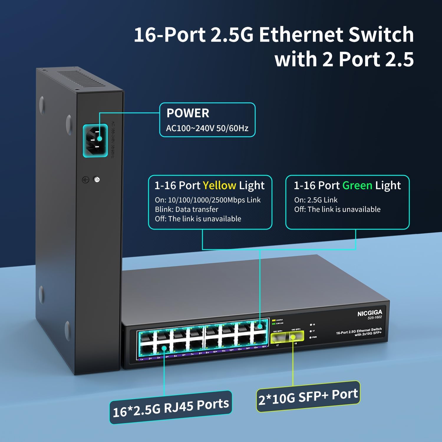 16 ports 2,5 G ➕ commutateur Ethernet SFP+ 2 ports 10 G, commutateur réseau NICGIGA 18 ports 2,5 Gb non géré, Plug & Play, montage sur bureau ou rack 19 pouces, conception métallique sans ventilateur.