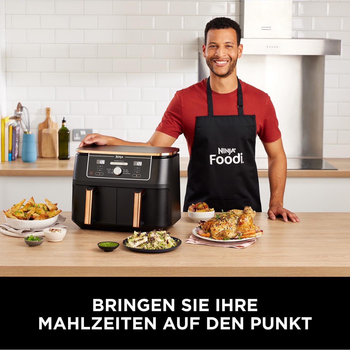 Ninja Foodi FlexDrawer Dual Zone Heißluftfritteuse, Airfryer mit 10,4-Fach und herausnehmbarem Trenner, Antihaftbeschichtung, spülmaschinenfester Korb, 7-in-1, Schwarz & Kupfer, AF500EUCP