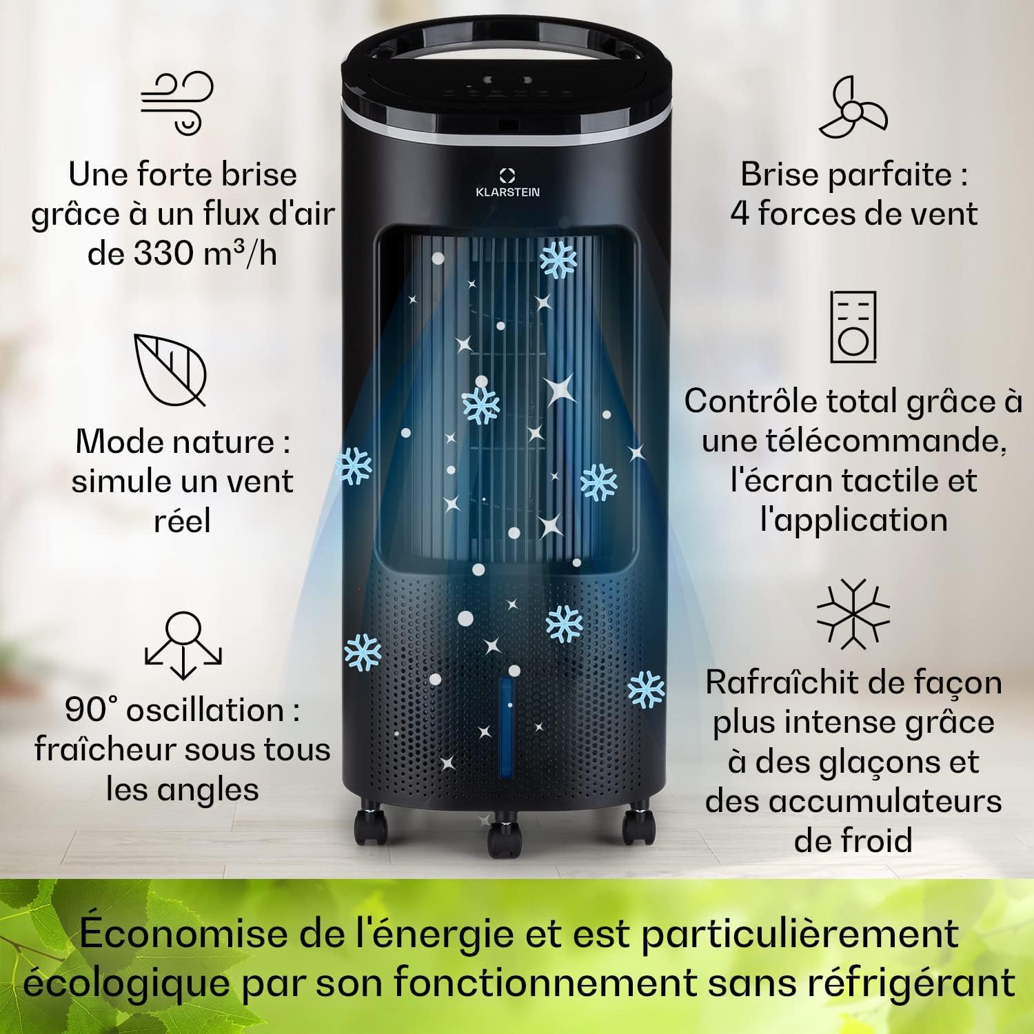 Klarstein Rafraichisseur d'Air 4 en 1, Climatiseur Portable Smart APP Mobile, Humidificateur, Ventilateur, Sans Évacuation 65W, Pack Glacons, Mode Nuit, Puissant Débit d'Air 330m³/h