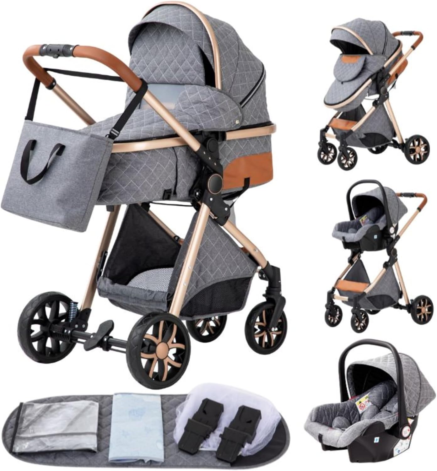 YAZOCO Poussette 3 en 1 Pliable Poussette Bebe Confort Moustiquaire, Couvre - Pieds, Porte - Gobelet, Coussin Poussettes et Landaus