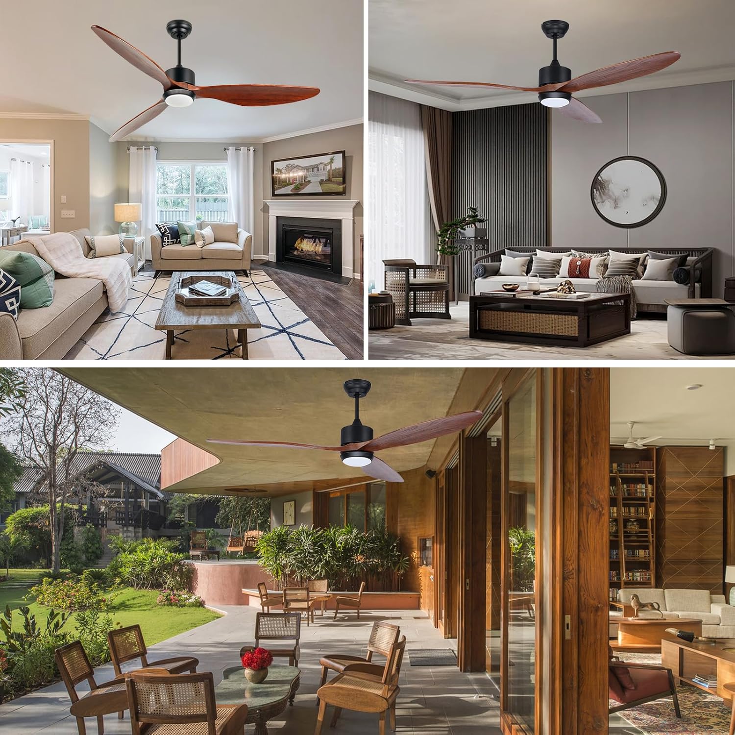 Ovlaim 132cm intérieur extérieur 3 pales hélice Smart ventilateur de plafond, Ventilateur de plafond en bois massif à moteur DC silencieux avect