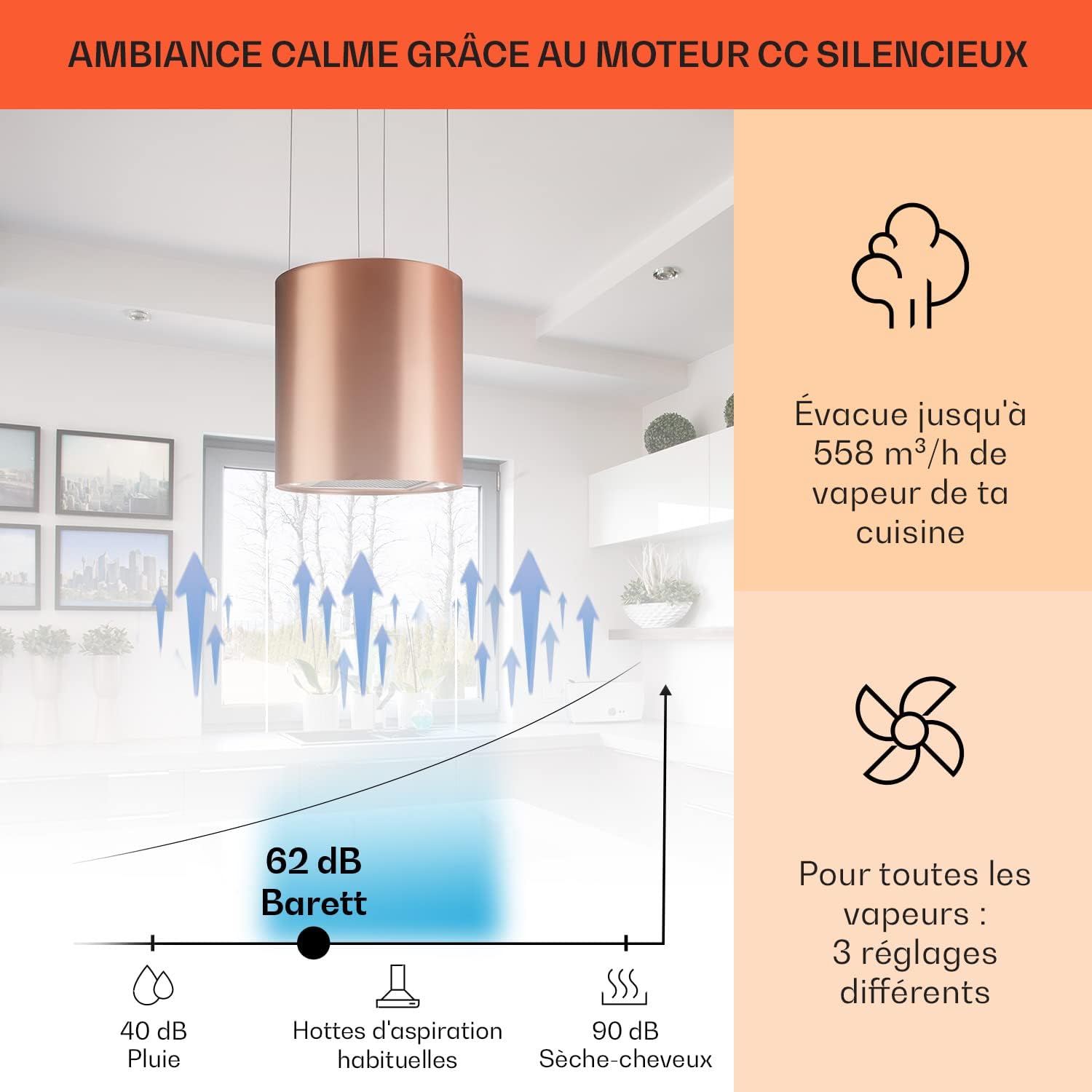 KLARSTEIN Barett - hotte aspirante îlot, hotte aspirante silencieuse Ø 35cm, Puissance Moteur 190W, 560 m³/h Max, 3 Niveaux de Puissance, éclairage LED, INOX - Argent