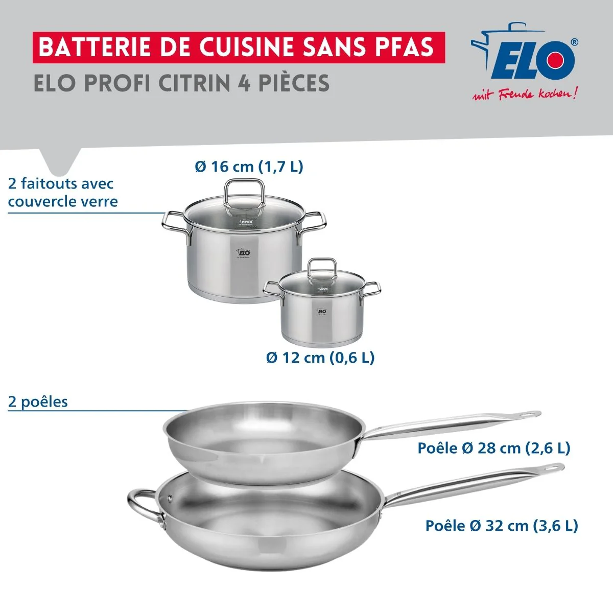 Ensemble de 2 Poêles de cuisson 28 et 32 cm et 2 faitouts 12 et 16 cm Elo Profi Citrin Elo