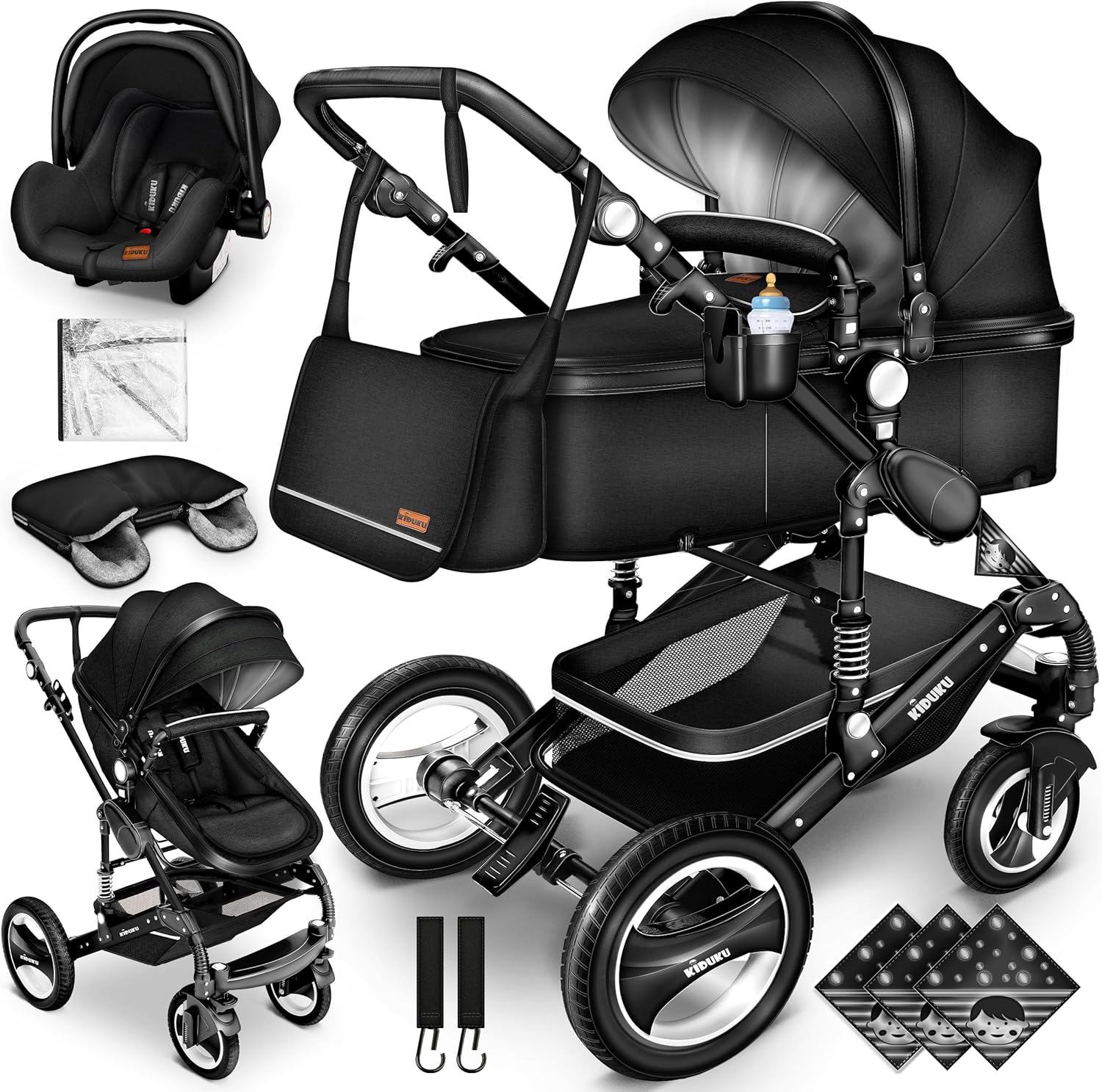 KIDUKU® Poussette Combinée 3 en 1 | Trio pour Enfants | Siége Auto Légère, Piable | Nacelle Souple Convertible | Set de Voyage (Noir/Champagne)