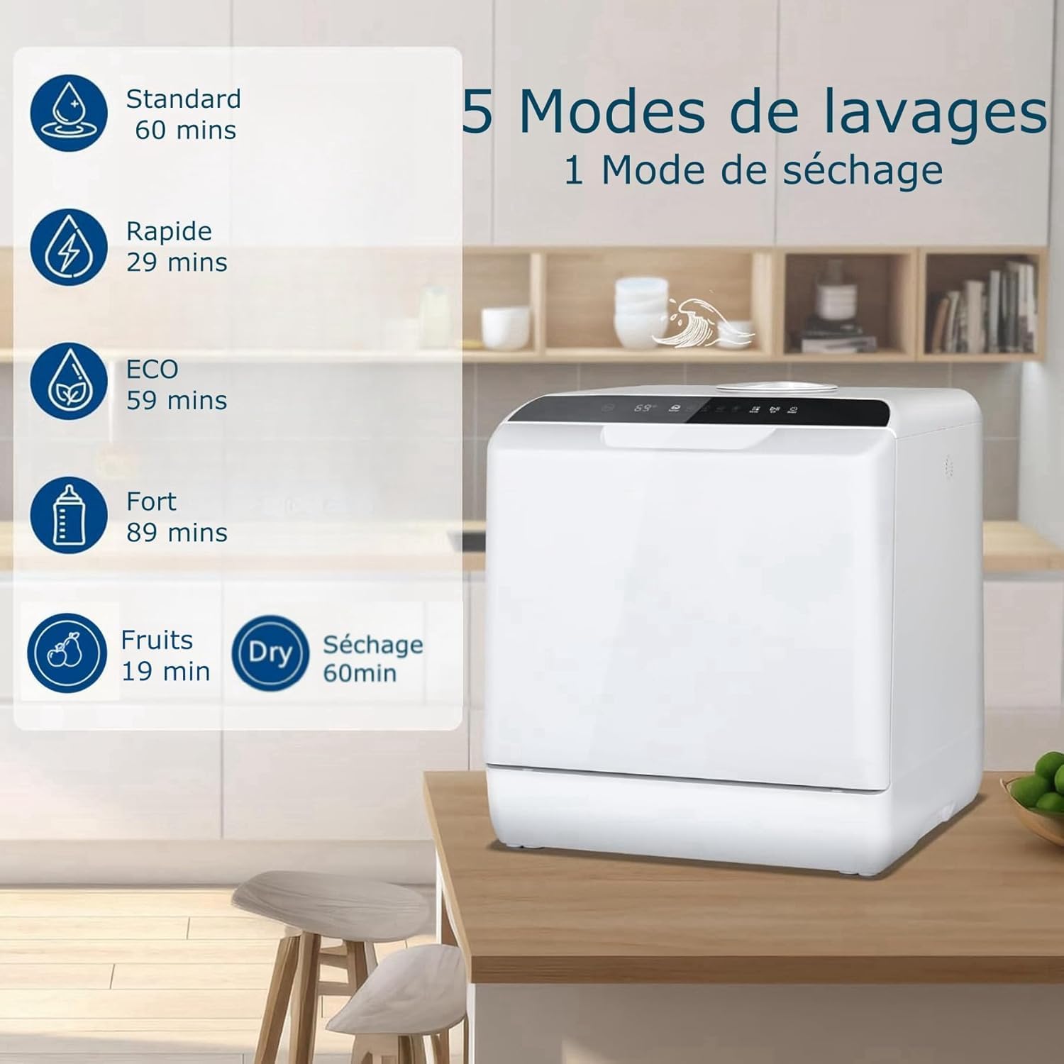 YU YUSING Mini Lave-vaisselle Compact 45cm avec 6 Programmes 4 Couverts, Petit Lave-vaisselle Sans ou Avec Arrivée d'Eau, Portable, Réservoir d'Eau 5L, Commande Tactile, Écran LED