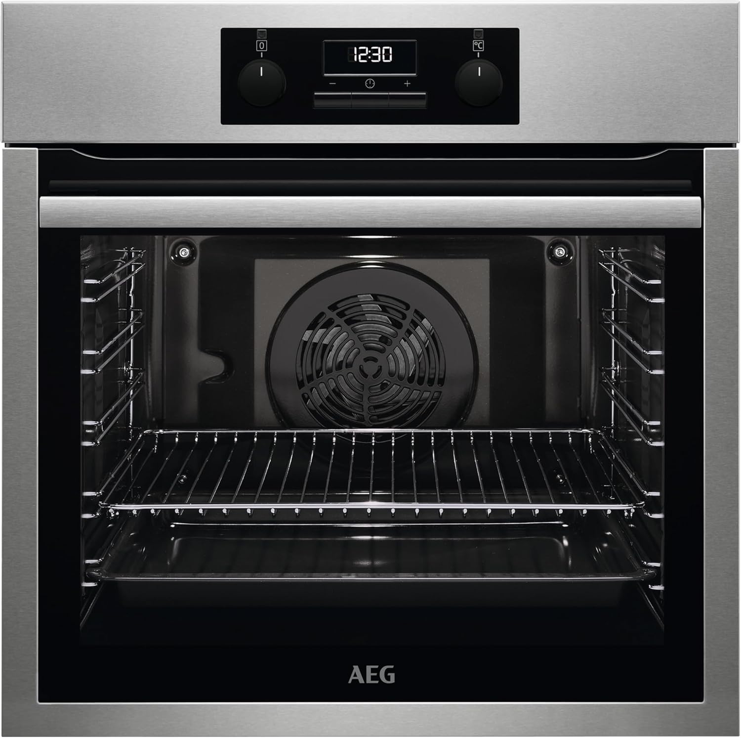 AEG BES331111M Four multifonction, 72 l, nettoyage AquaClean, 9 fonctions, cuisson uniforme, ventilateur XXL, horloge électronique + commandes, anti-traces de doigts, plateau XXL, inox, classe A,