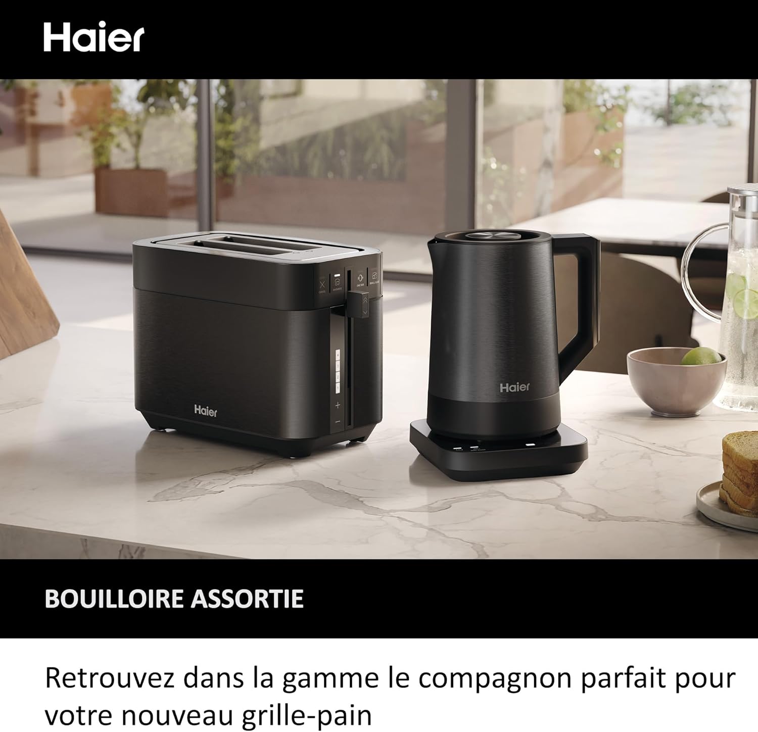 Pack Petit Déjeuner Grille-Pain Toaster+Bouilloire Haier I-Master Série 5, Acier Inoxydable, Fentes Extra Profondes, 7 Niveaux de Brunissage, 7 Réglages de Température Fonction Maintien au Chaud