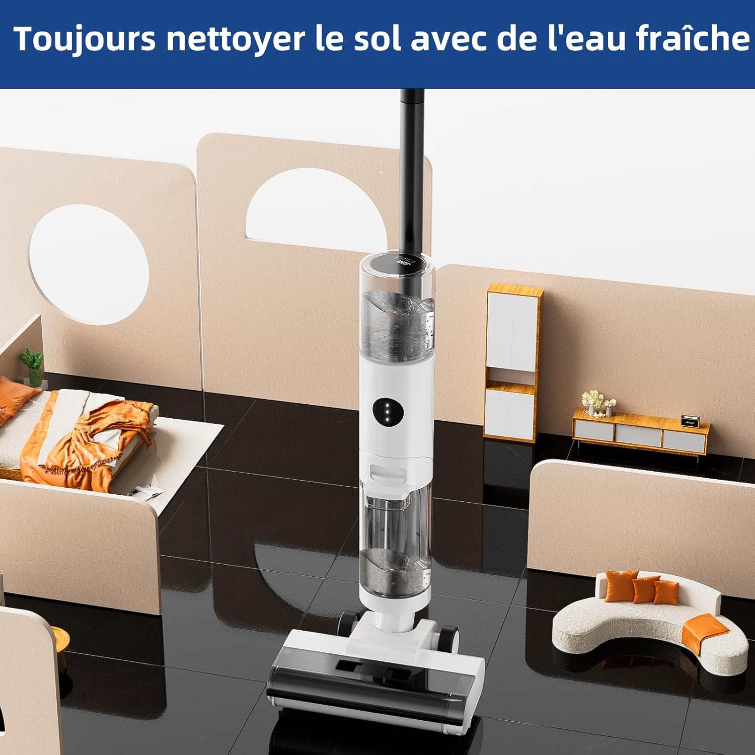 JONR ED12 Aspirateur Eau et Poussière, Aspirateur et Balai à Franges sans Fil 4 en 1, Brosse Rouleau de Nettoyage des Bords, Fonction d’Auto-Nettoyage, pour Sols Durs, Poils d'animaux
