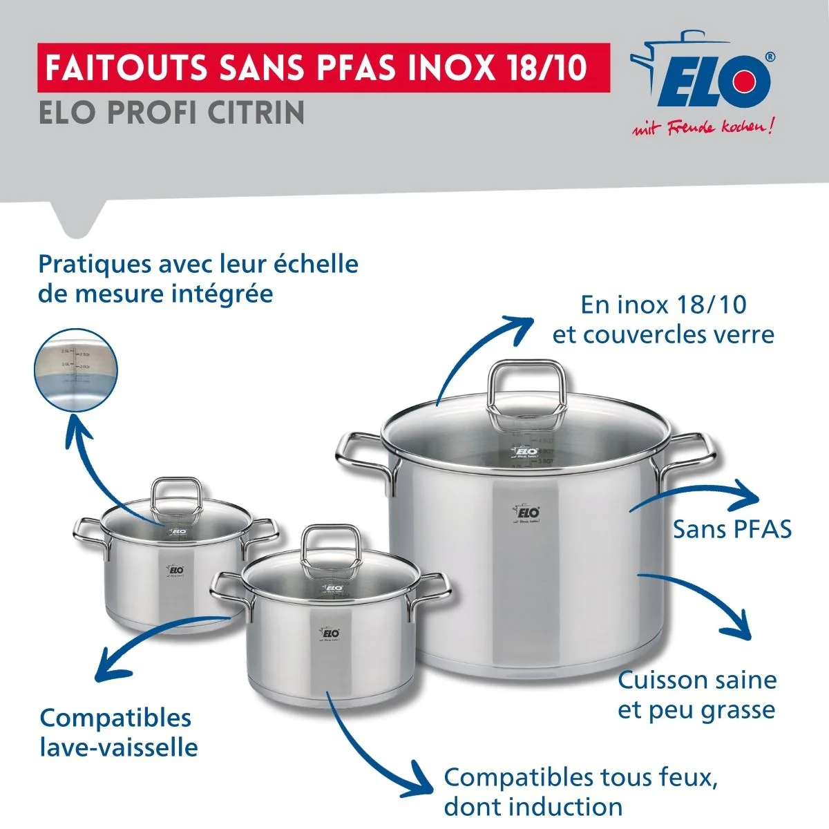 Set de 1 Poêle de cuisson 32 cm et 3 faitouts 14, 16 et 26 cm Elo Profi Citrin Elo