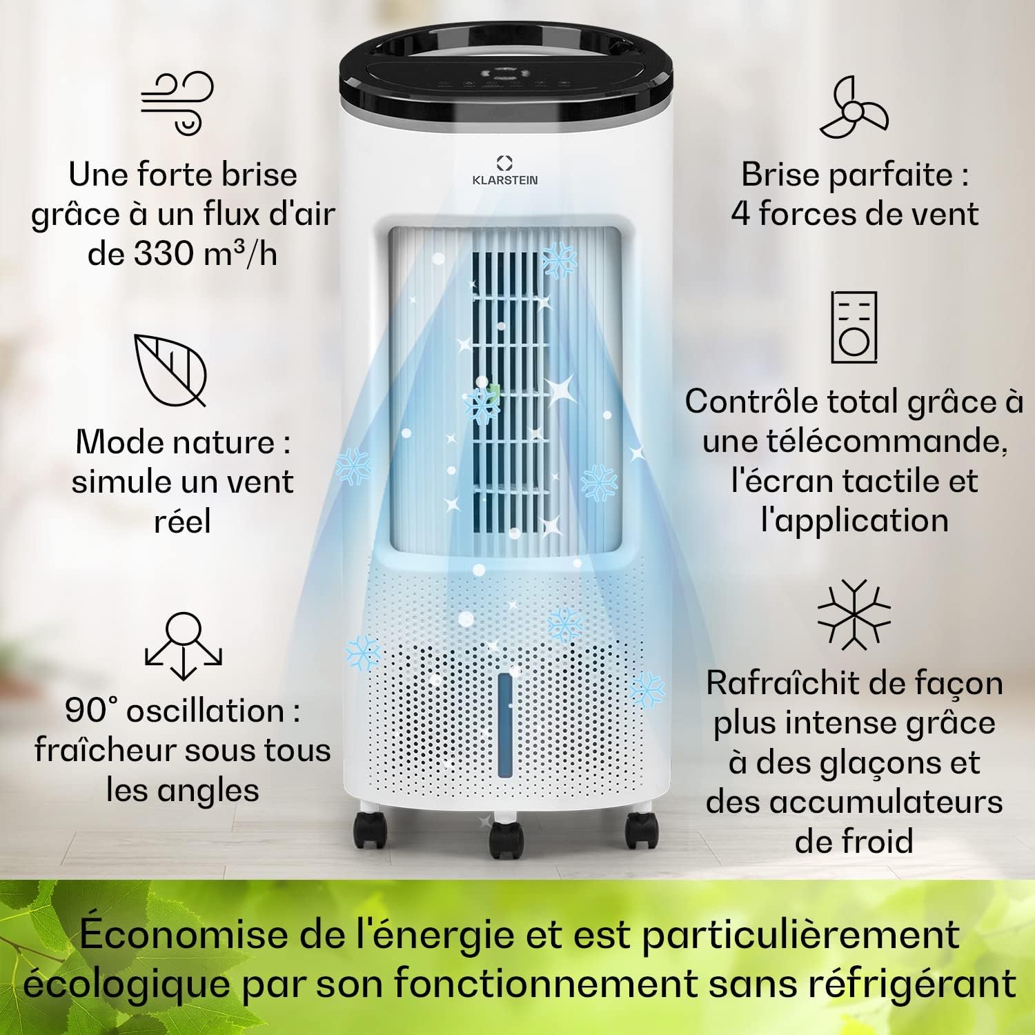Klarstein Rafraichisseur d'Air 4 en 1, Climatiseur Portable Smart APP Mobile, Humidificateur, Ventilateur, Sans Évacuation 65W, Pack Glacons, Mode Nuit, Puissant Débit d'Air 330m³/h