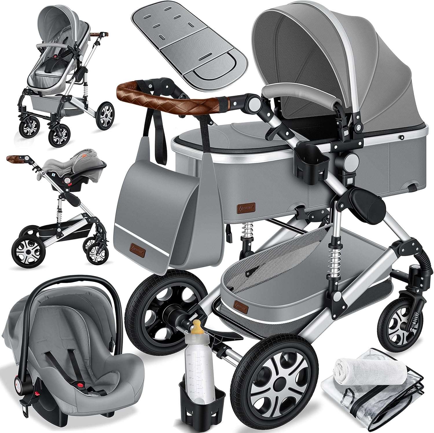 KESSER® Poussette combinée 3en1 Set incl. baignoire bébé poussette Siège sport & siège auto pour bébé Pneus pleins en caoutchouc Sac à langer Protection pluie Table pour enfant ECE R129 noir/champagne