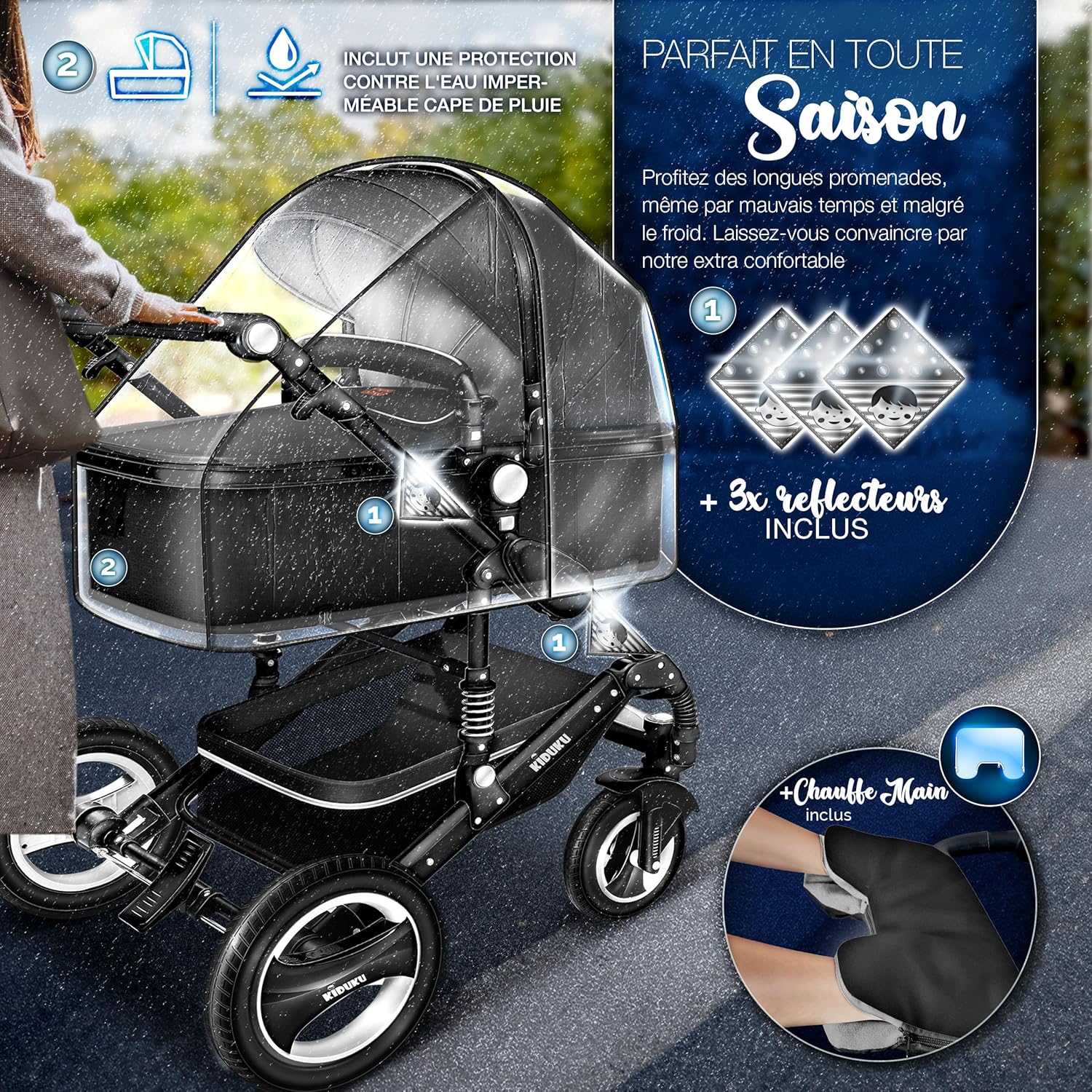 KIDUKU® Poussette Combinée 3 en 1 | Trio pour Enfants | Siége Auto Légère, Piable | Nacelle Souple Convertible | Set de Voyage (Noir/Champagne)