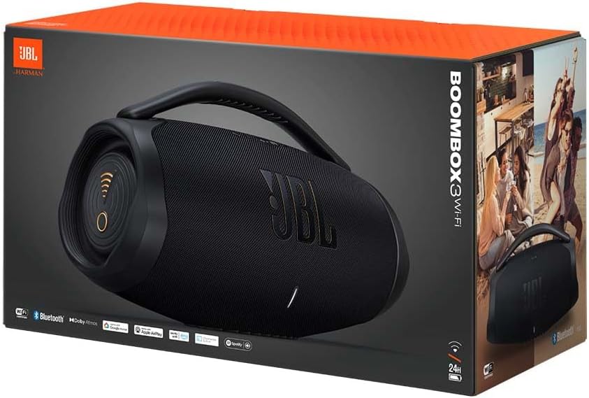 JBL Boombox 3 Wifi, Enceinte portable compatible avec Bluetooth et WiFi, Son JBL Original Pro et basses puissantes, étanche à l'eau et à la poussière, autonomie de 24h, Noire