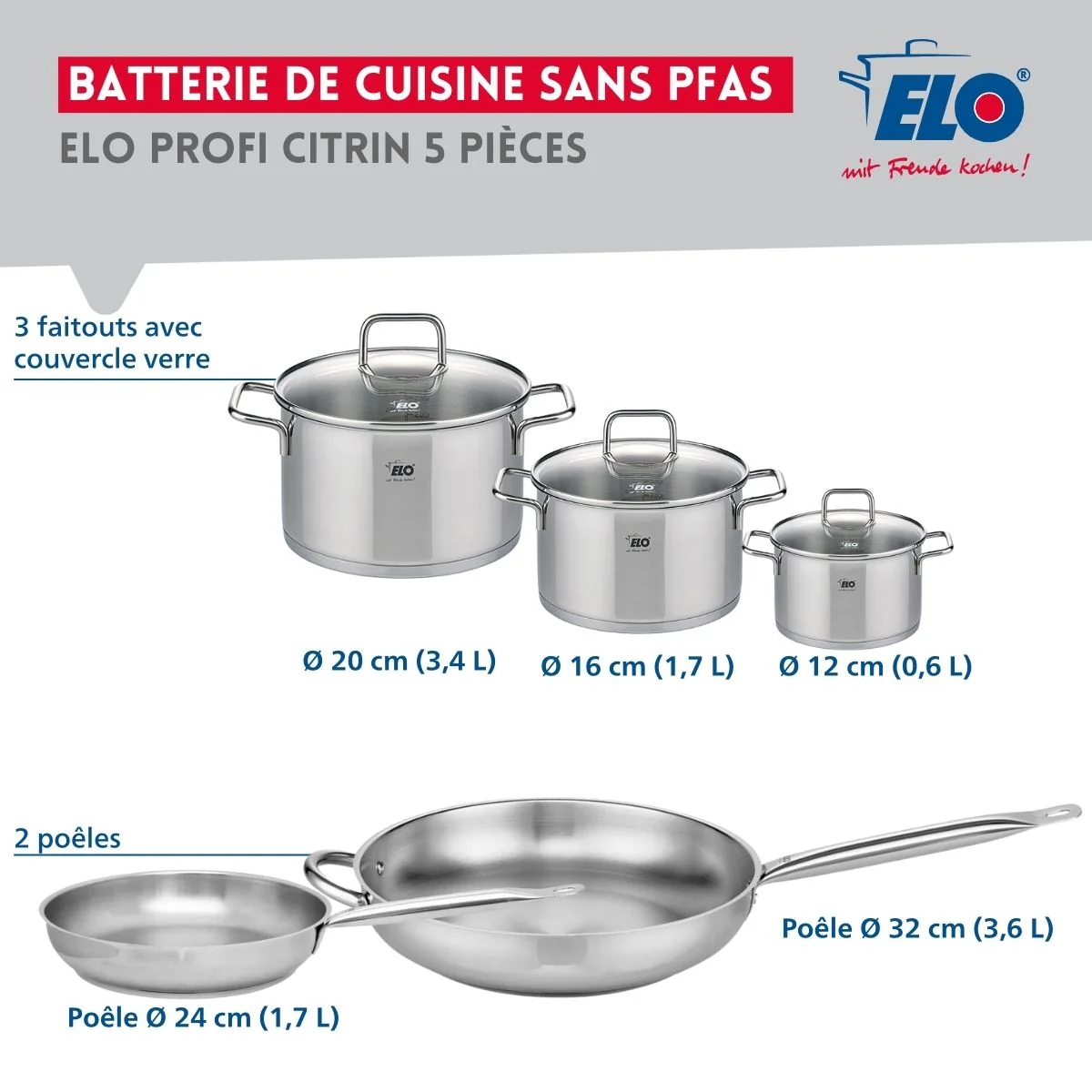 Ensemble de 2 Poêles de cuisson 24 et 32 cm et 3 faitouts 12, 16 et 20 cm Elo Profi Citrin Elo