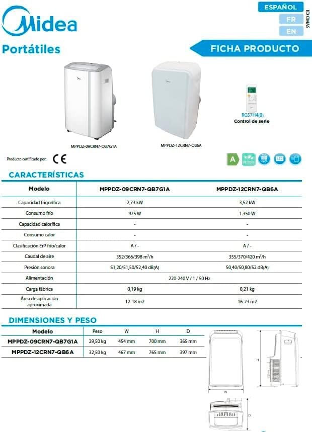 MIDEA Climatiseur Mobile Silencieux 12000 BTU avec Évacuation - Climatisation Portable Prêt à Poser 3500W - Clim Réversible Split Mobile - 3 Vitesses avec Kit de Fenêtre et Télécommande