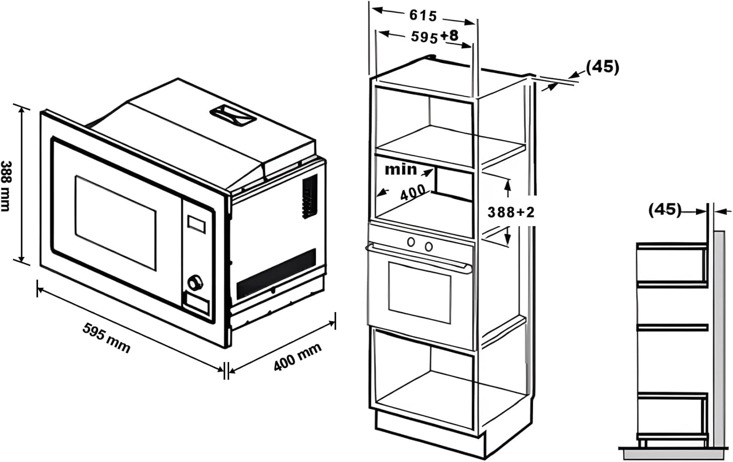 Techomey Micro-ondes Encastrable, 20L, Micro-ondes Grill Intégrable, Micro-ondes 800W, Grill 1000W, L59,5 x P34,4 x H38,8cm, Plateau Tounant 24,5cm, Noir