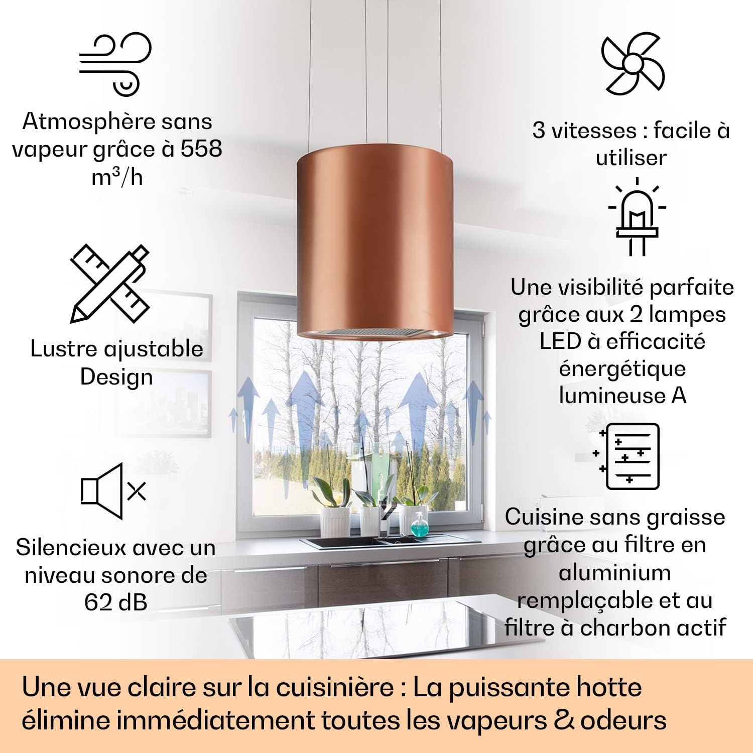 KLARSTEIN Barett - hotte aspirante îlot, hotte aspirante silencieuse Ø 35cm, Puissance Moteur 190W, 560 m³/h Max, 3 Niveaux de Puissance, éclairage LED, INOX - Argent