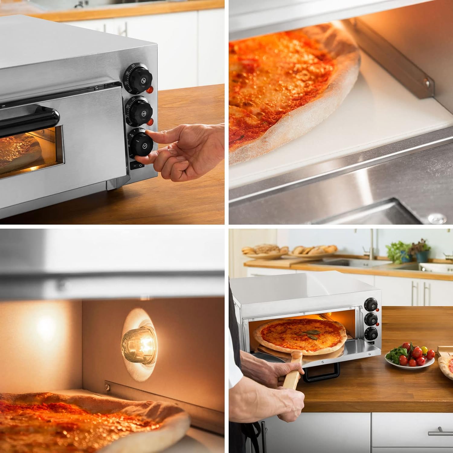 VERTES Four à Pizza électrique, Deux Etages, 3000W, Pierre réfractaire four, Chaleur de voûte et de Sole réglable indépendamment jusqu'à 350°C, Fonction minuterie, four double cavité, Acier INOX