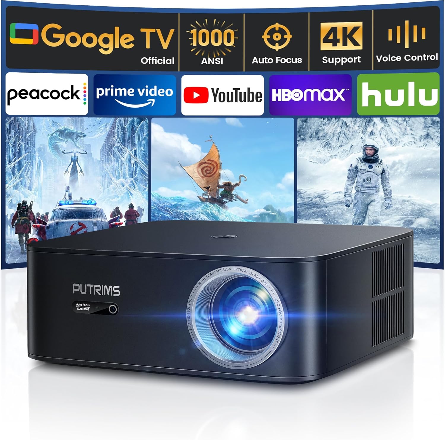 【1200 ANSI/Google TV】 Vidéoprojecteur 4K Netflix Officiel, Auto Focus/Keystone Projecteur 4K WiFi6 Bluetooth Full HD 1080P, Contrôle Vocal, Zoom 50% Projecteur Vidéo de Jour Home Cinéma/PPT/Extérieur