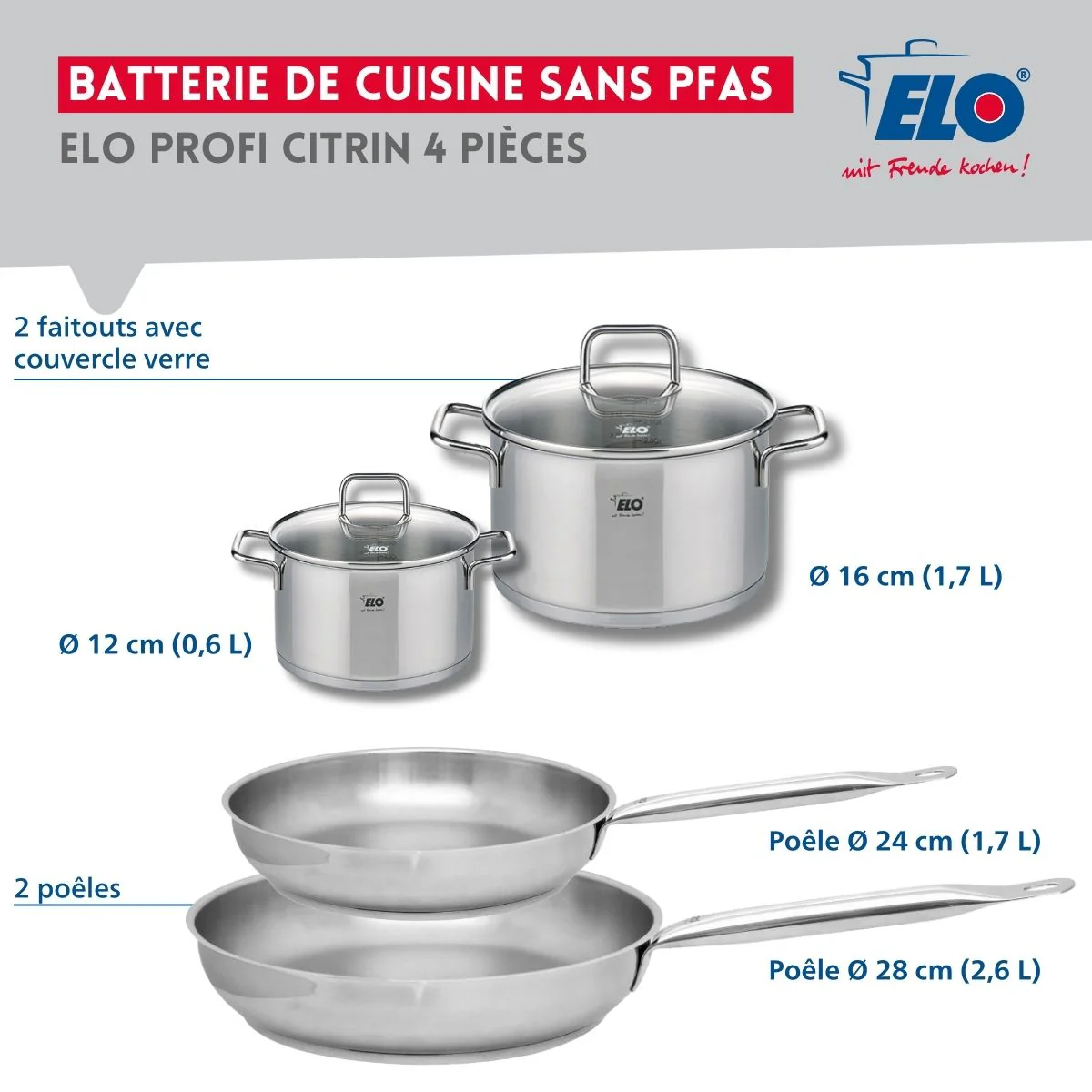 Set de 2 Poêles de cuisson 24 et 28 cm et 2 faitouts 12 et 16 cm Elo Profi Citrin Elo