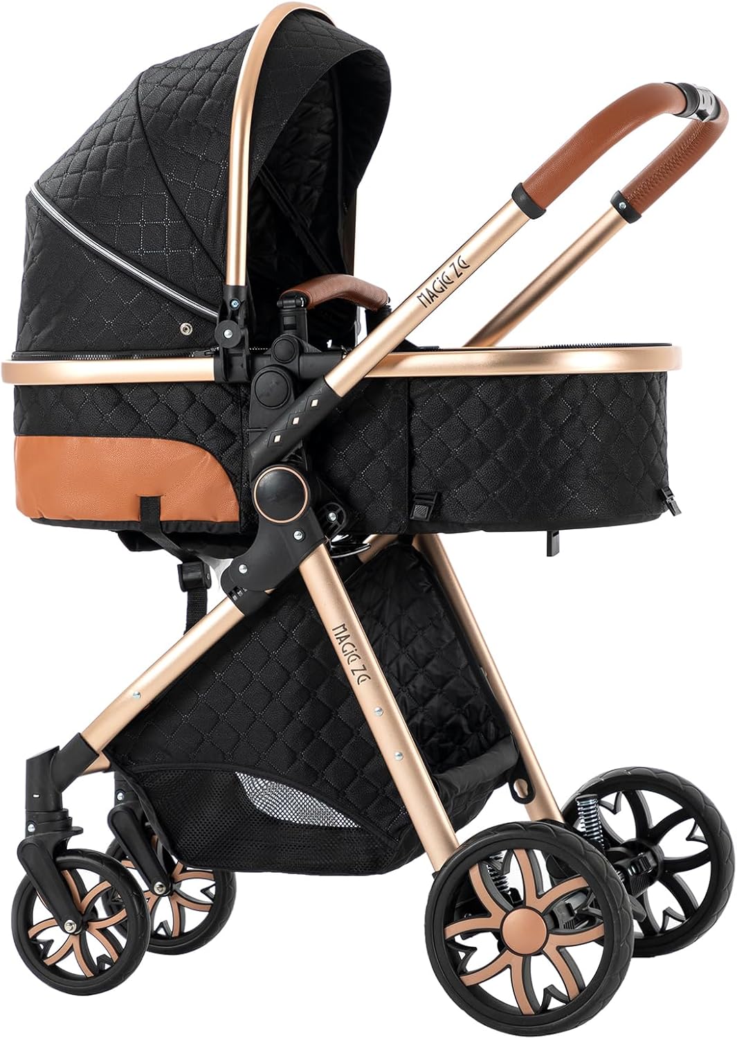 Magic ZC Poussette 3 en 1, Poussette Bebe avec Conception Portable Pliable en Un Clic, Pousette 3 en 1 avec Poussée Réversible Bidirectionnelle, Poussette Trio avec Accessoires (black gold 588)