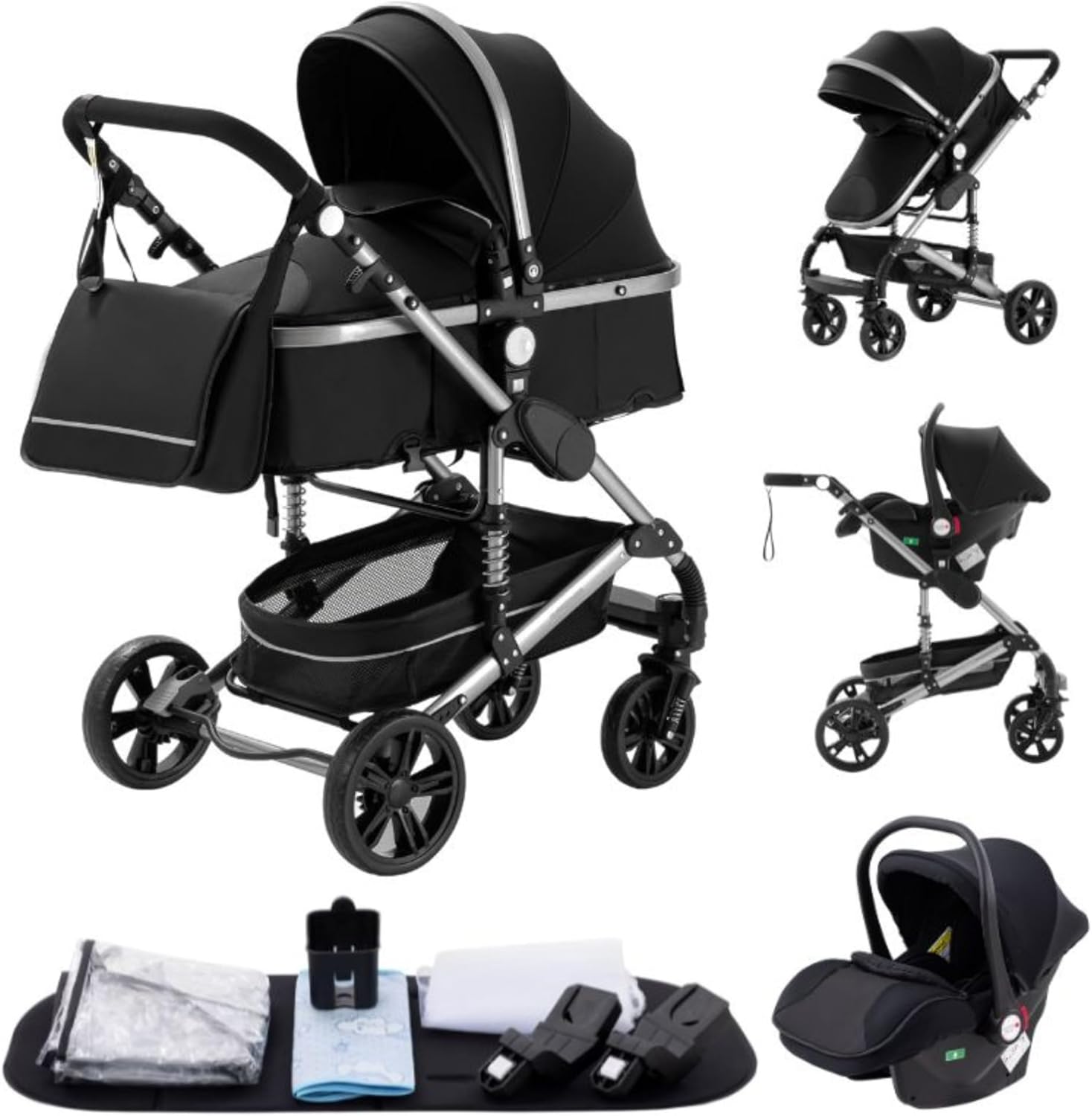 YAZOCO Poussettes 3 en 1 Citadines Poussettes Combinées Poussette Tricycle Baby Walker Poussette Haute Paysage Poussettes Pliantes Trolley Bébé Landau pour 0-36 (1 Noir)