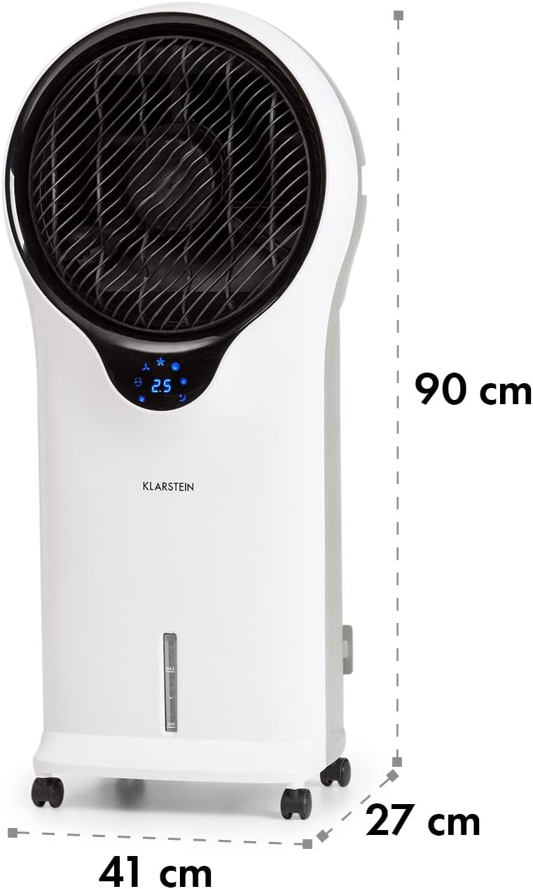 Klarstein Climatiseur Mobile 3 en 1, Climatiseur Portable avec Humidificateur, Ventilateur, Climatiseur Mobile Sans Évacuation, 2 Pack Glacons, Minuterie, 3 Modes, 90W, Puissant Débit d'Air 1600m³/h
