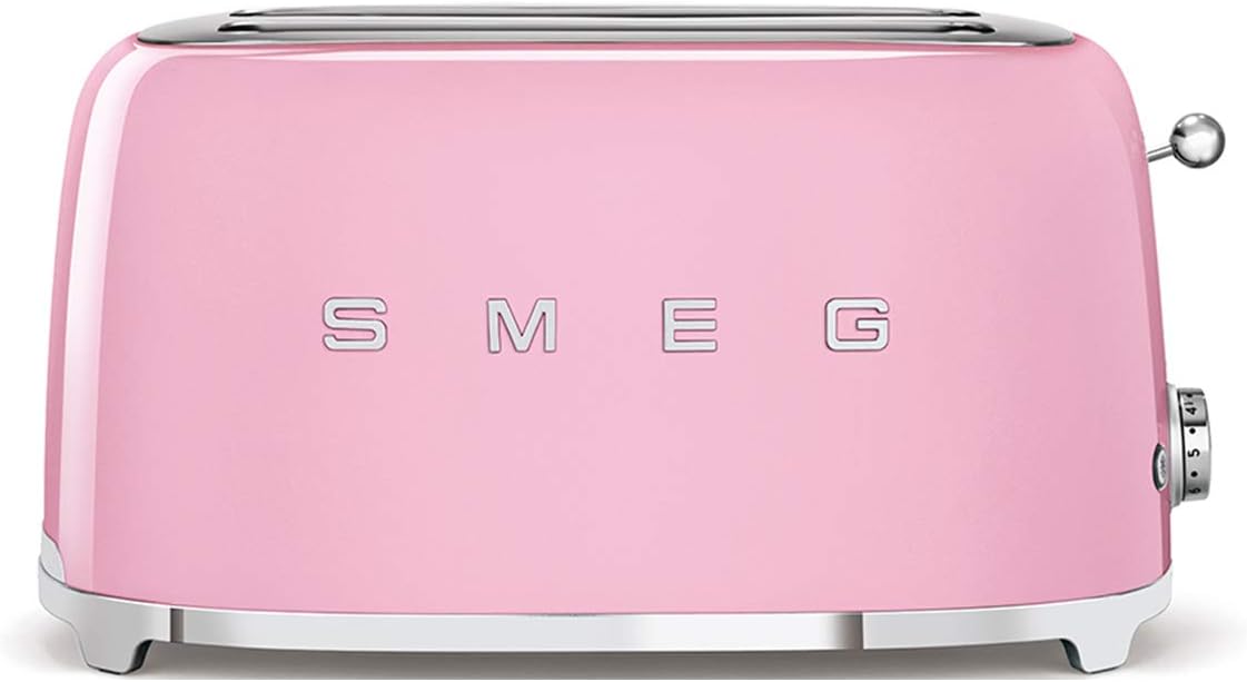 Smeg, Grille-pain 4 Tranches TSF02PKEU, 2 Fentes 36 mm, 6 Niveaux de Brunissage, Fonction Chauffage, Décongélation et Bagel, Éjection Automatique du Pain, Ramasse Miettes, 1500 W, Rose