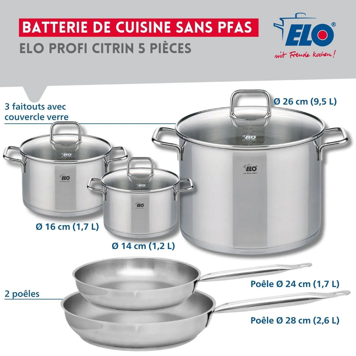 Ensemble de 2 Poêles de cuisson 24 et 28 cm et 3 faitouts 14, 16 et 26 cm Elo Profi Citrin Elo