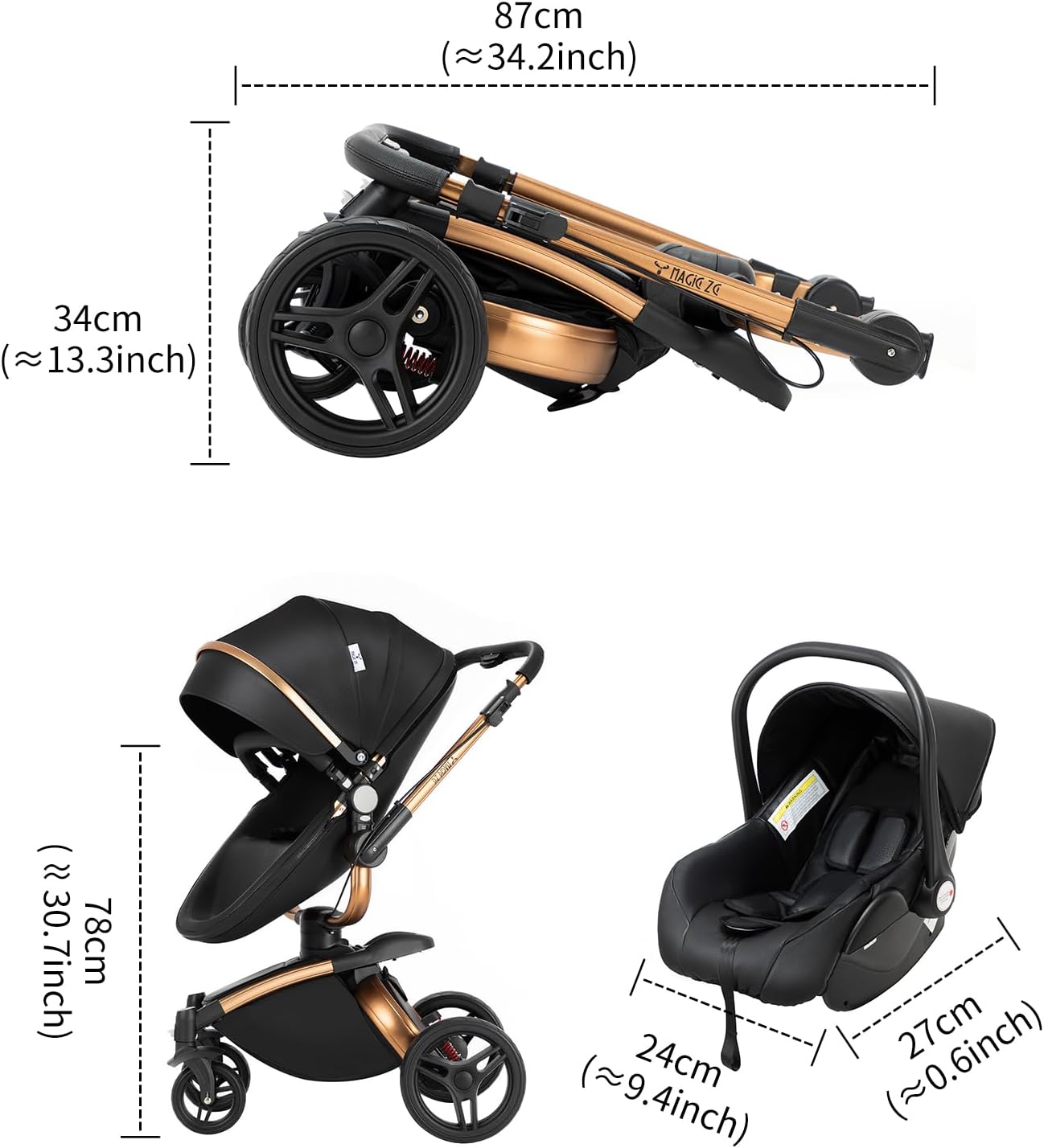 Magic ZC Poussette 3 en 1, Poussette Bebe avec Conception Portable Pliable en Un Clic, Pousette 3 en 1 avec Poussée Réversible Bidirectionnelle, Poussette Trio avec Accessoires (black gold 588)