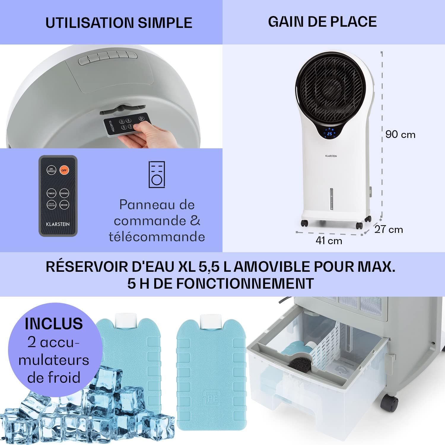 Klarstein Climatiseur Mobile 3 en 1, Climatiseur Portable avec Humidificateur, Ventilateur, Climatiseur Mobile Sans Évacuation, 2 Pack Glacons, Minuterie, 3 Modes, 90W, Puissant Débit d'Air 1600m³/h