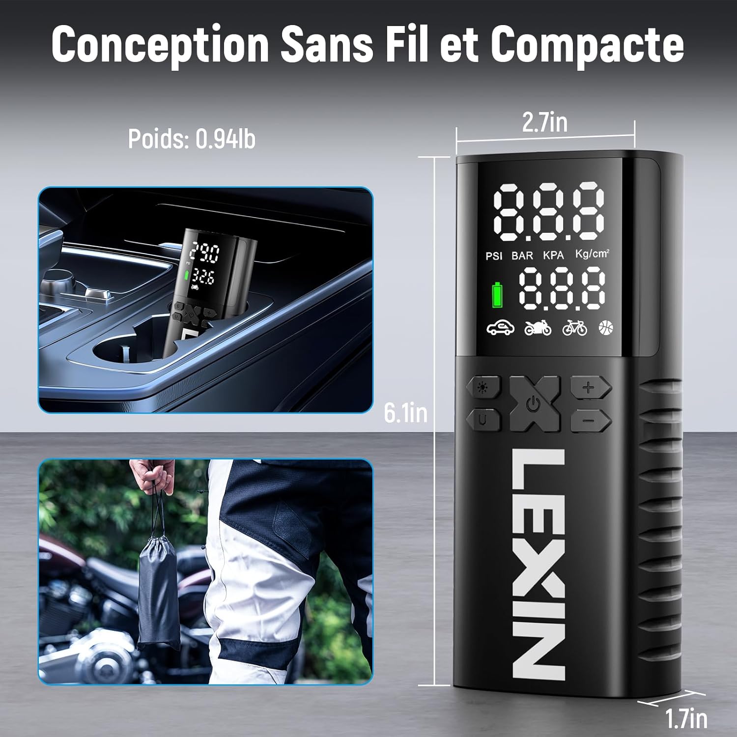 LEXIN P5 Compresseur d'Air Portatif 150PSI, Gonfleur Pneus sans Fil 5000mAh, Gonfleur lectrique l'cran LCD, Puissance Mobile, Pompe de Pneu avec Presta/Schrader pour Moto/Voiture/Vélo/Balle/Scoote