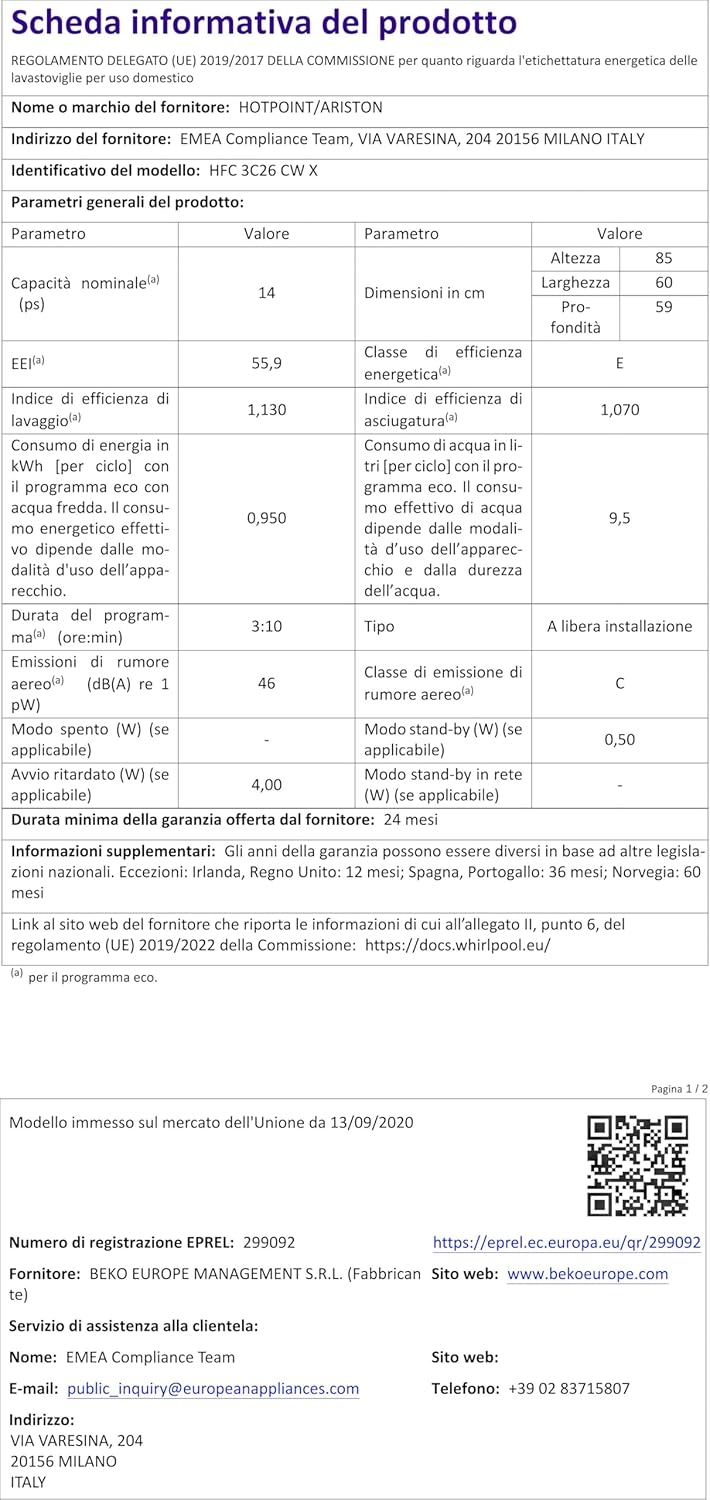 Hotpoint HFC 3C26 CW X, lave-vaisselle vertical, 14 places, troisième panier, inox