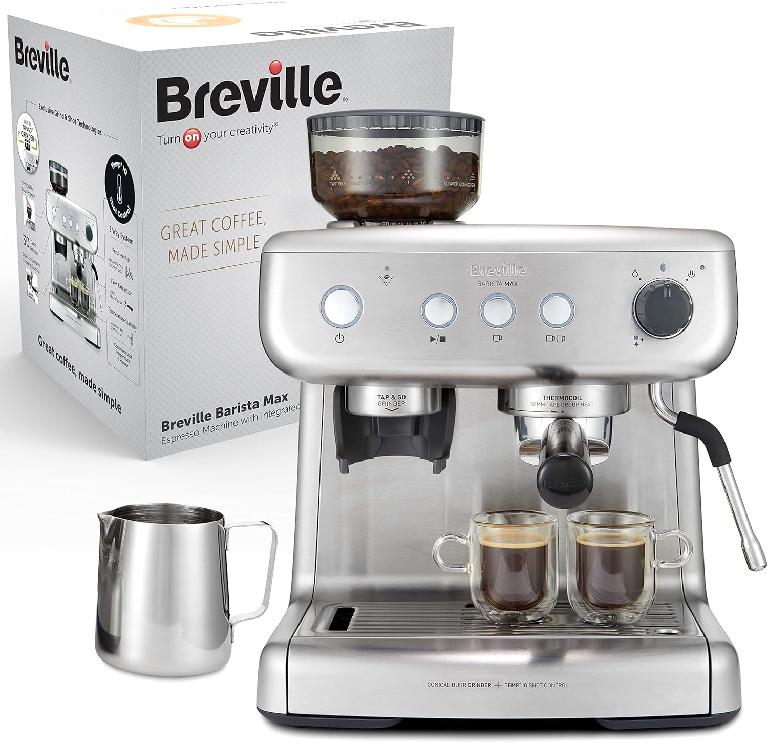 Breville Barista Max Machine à café/machine à expresso, semi-automatique avec moulin broyeur à grain intégré, buse à vapeur pour faire mousser le lait & pompe italienne de 15 bars [VCF126X]