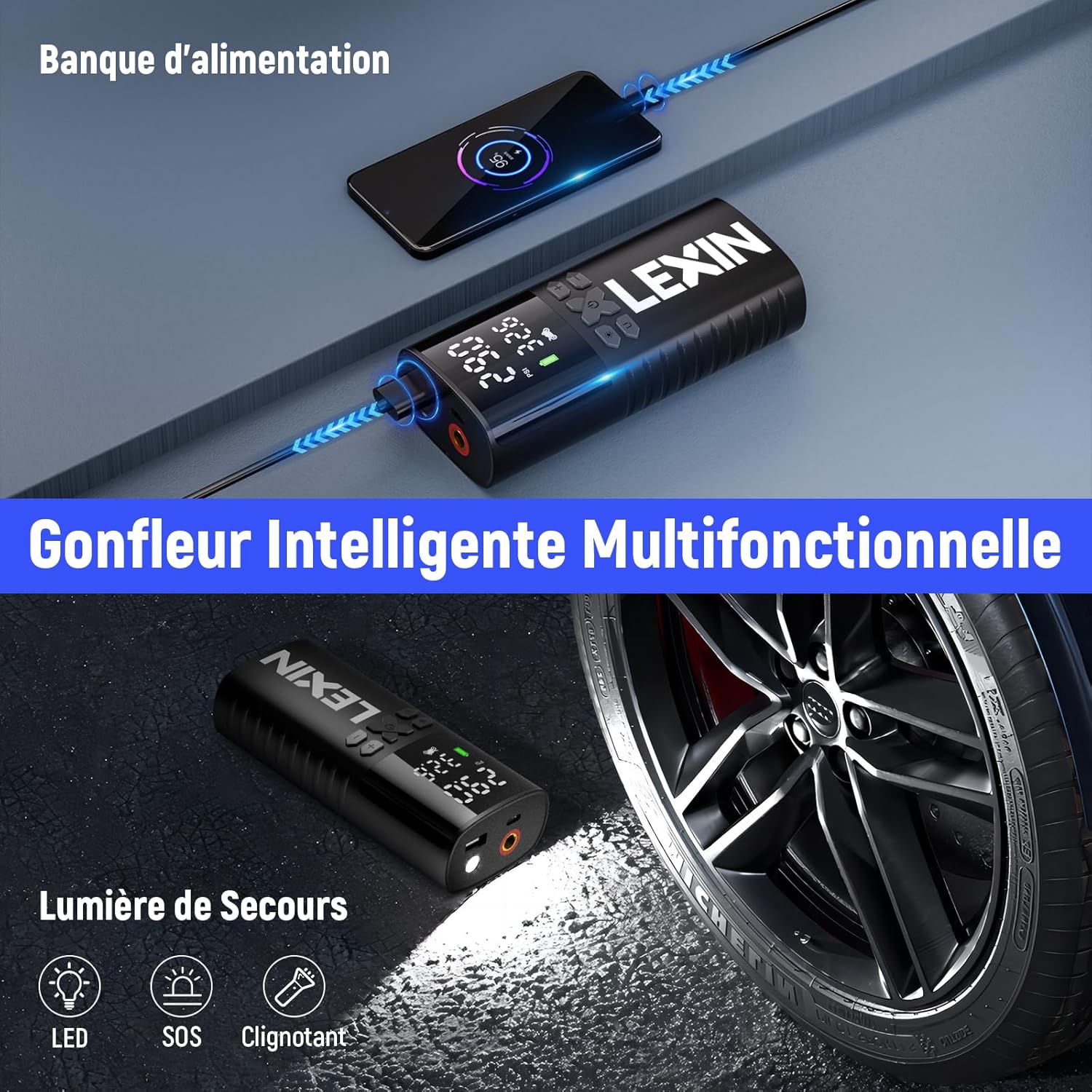 LEXIN P5 Compresseur d'Air Portatif 150PSI, Gonfleur Pneus sans Fil 5000mAh, Gonfleur lectrique l'cran LCD, Puissance Mobile, Pompe de Pneu avec Presta/Schrader pour Moto/Voiture/Vélo/Balle/Scoote